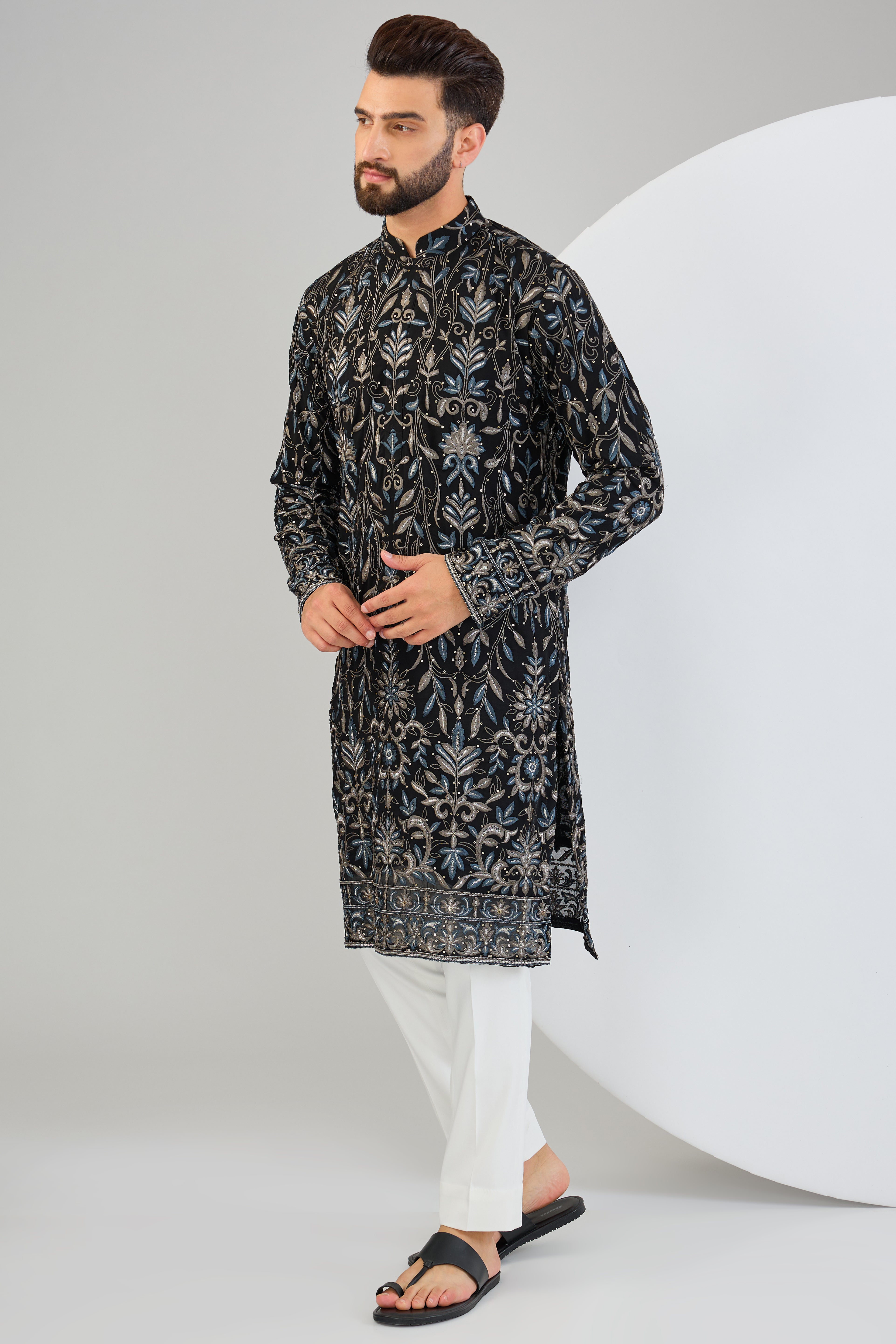 Black chikankari kurta with intricate sequin and multi-thread embroidery. - kasbahmen