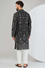 Black chikankari kurta with intricate sequin and multi-thread embroidery. - kasbahmen