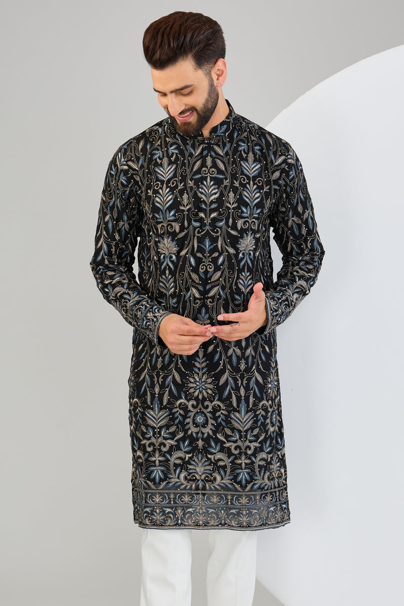 Black chikankari kurta with intricate sequin and multi-thread embroidery. - kasbahmen