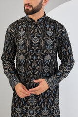 Black chikankari kurta with intricate sequin and multi-thread embroidery. - kasbahmen