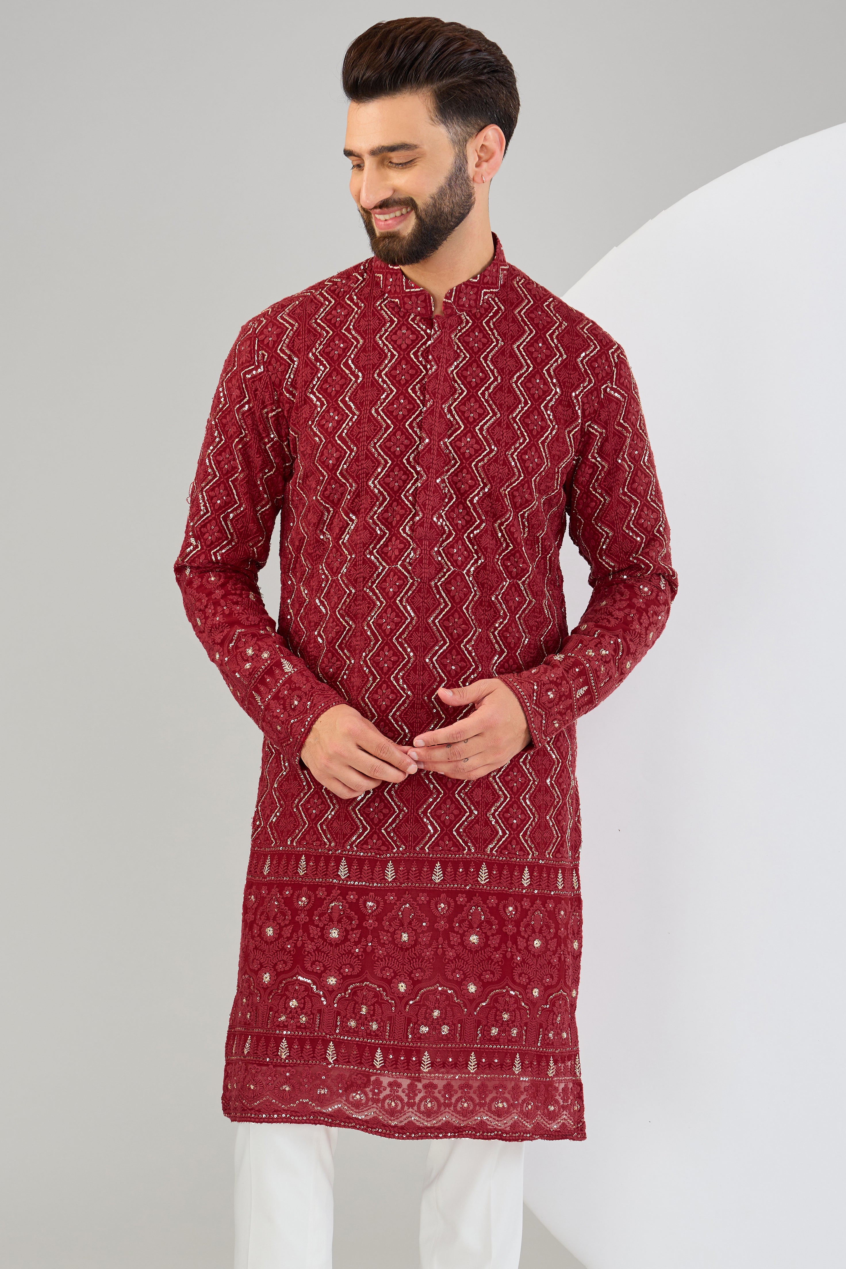 Red chikankari kurta with detailed sequin and zari embellishment. - kasbahmen