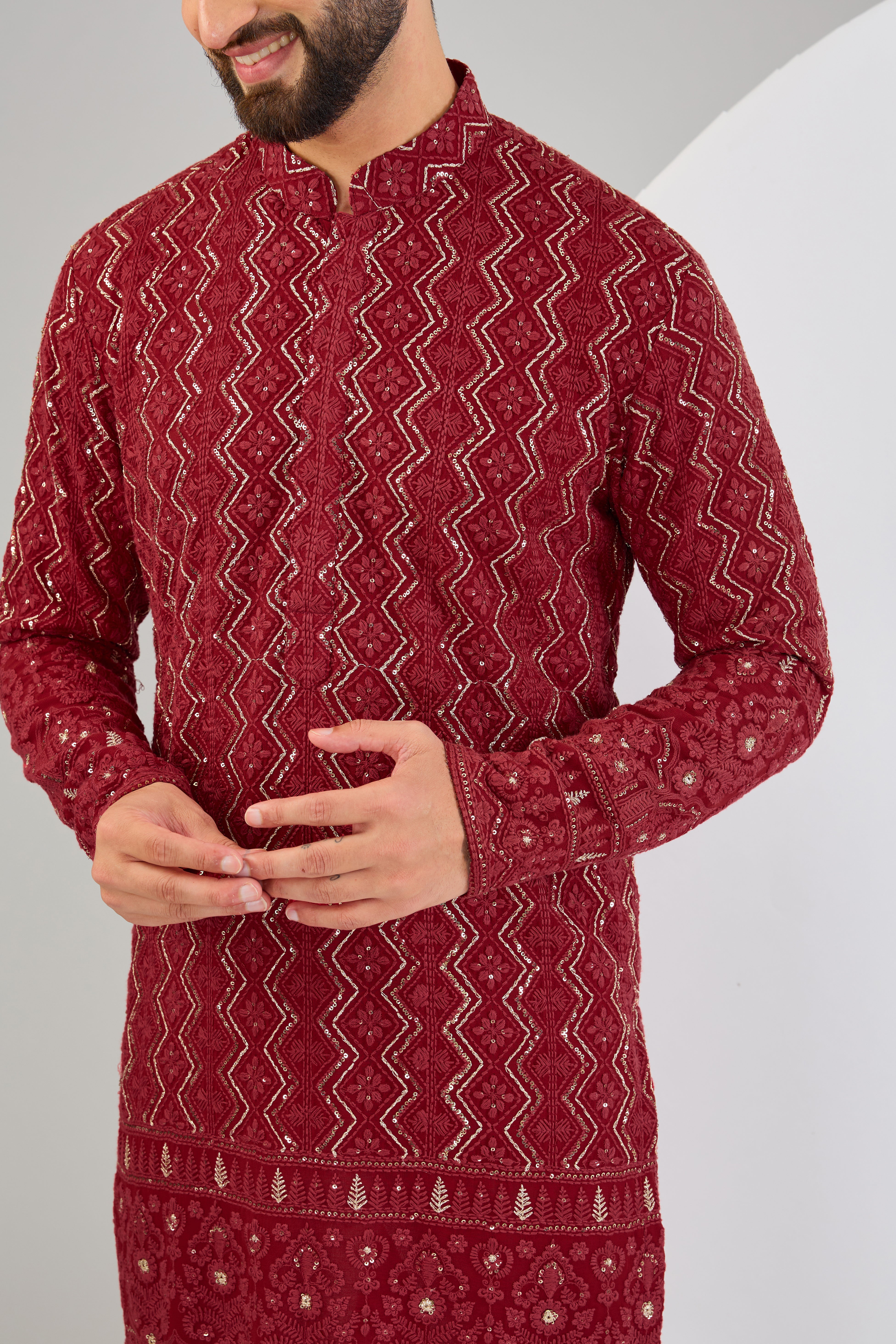 Red chikankari kurta with detailed sequin and zari embellishment. - kasbahmen