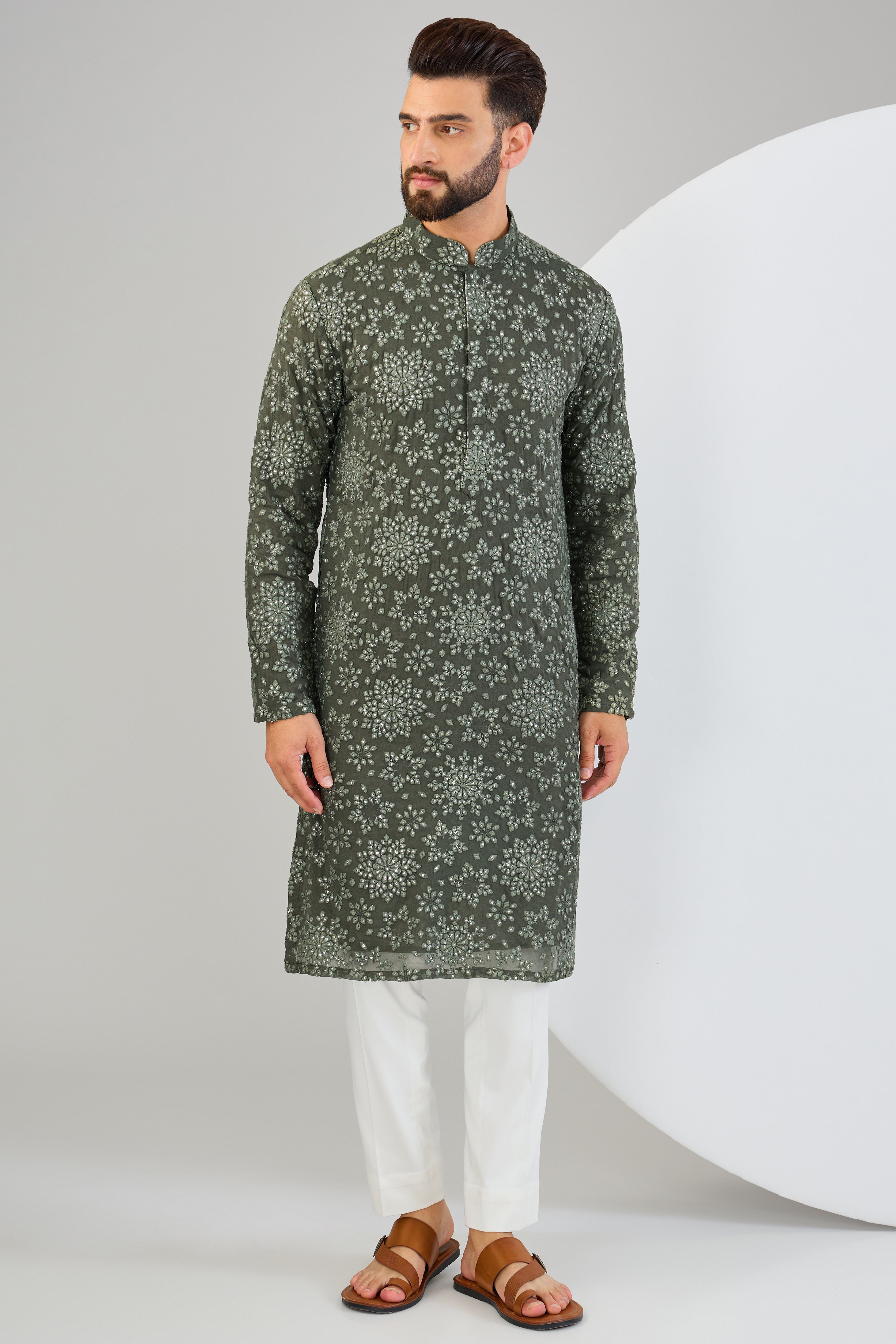 Military green thread-work kurta with intricate floral embroidery and sequin work. - kasbahmen