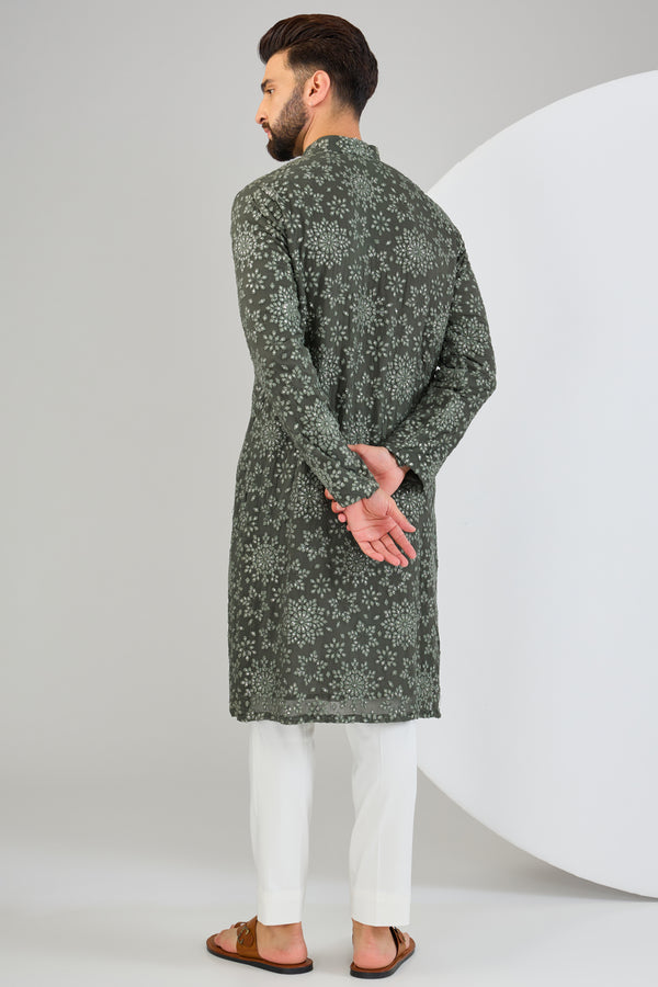 Military green thread-work kurta with intricate floral embroidery and sequin work. - kasbahmen