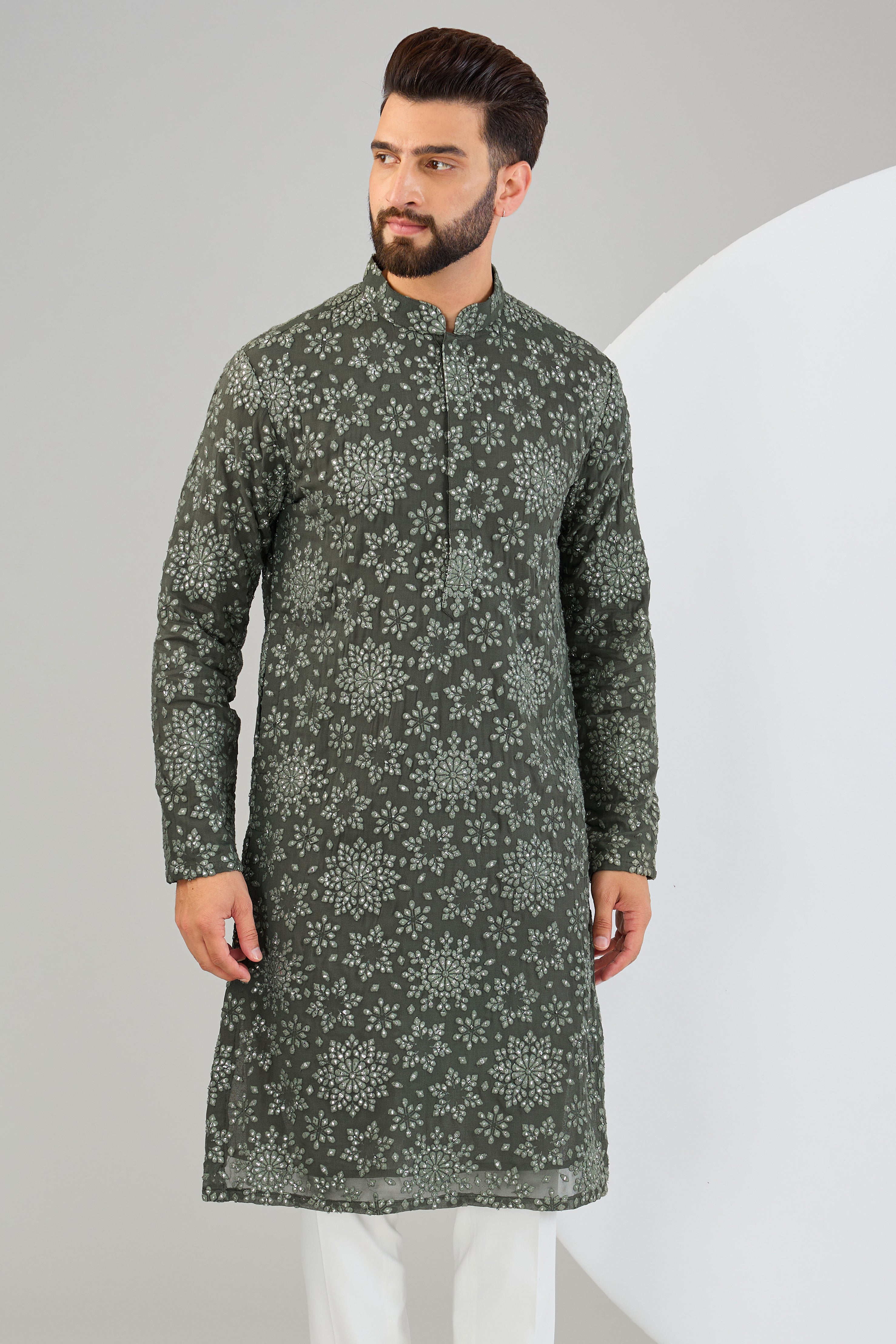 Military green thread-work kurta with intricate floral embroidery and sequin work. - kasbahmen