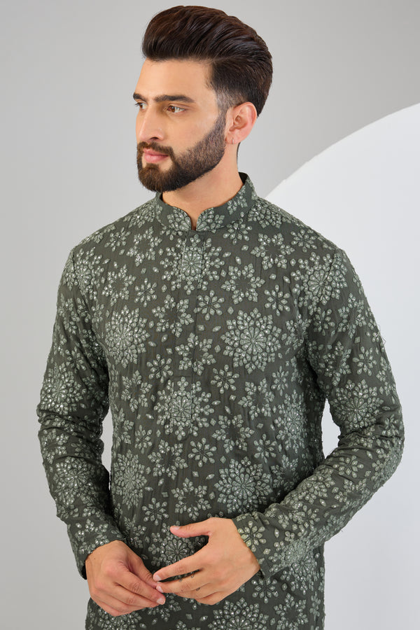 Military green thread-work kurta with intricate floral embroidery and sequin work. - kasbahmen