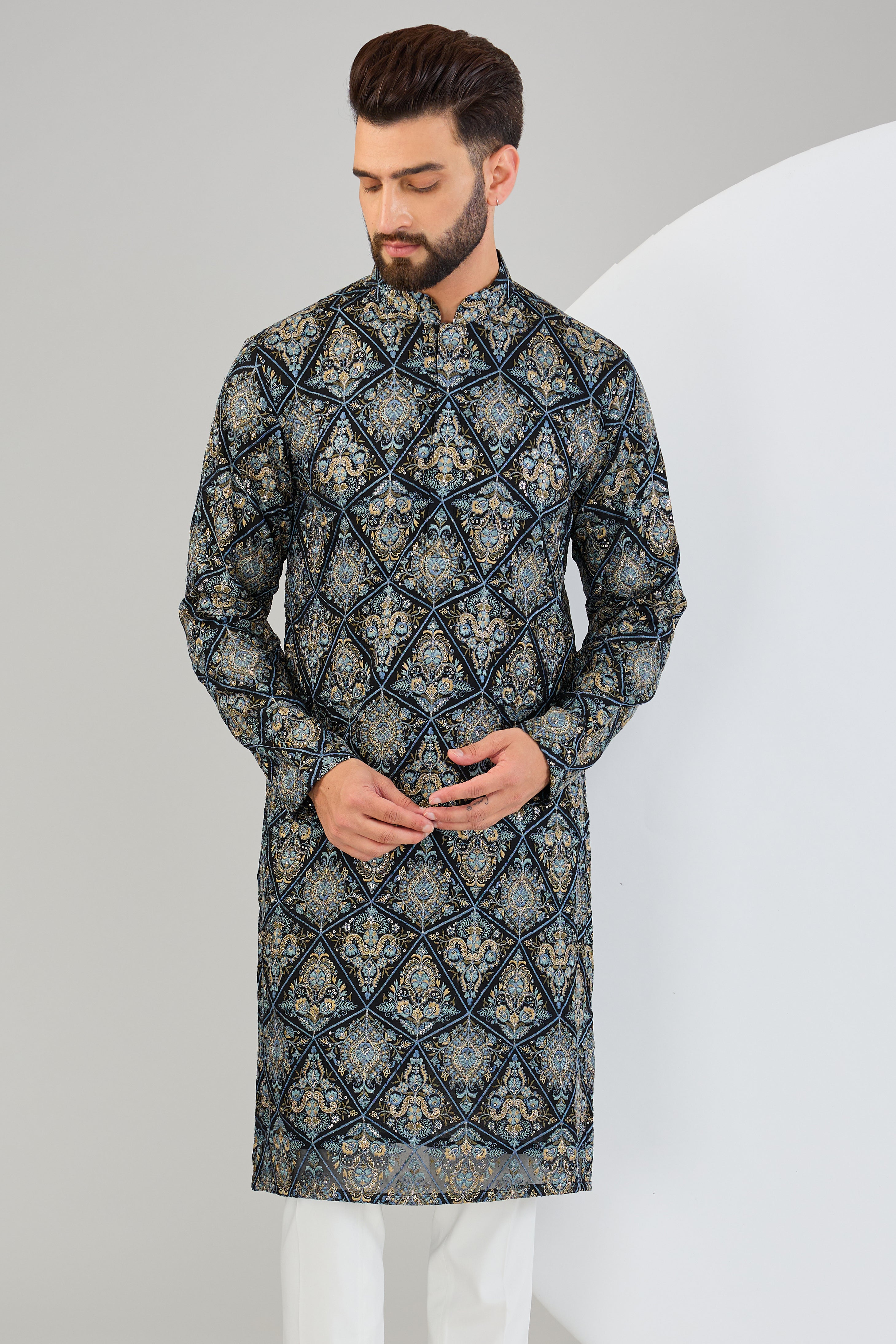 Blue kashmiri embroidered chikankari kurta - kasbahmen