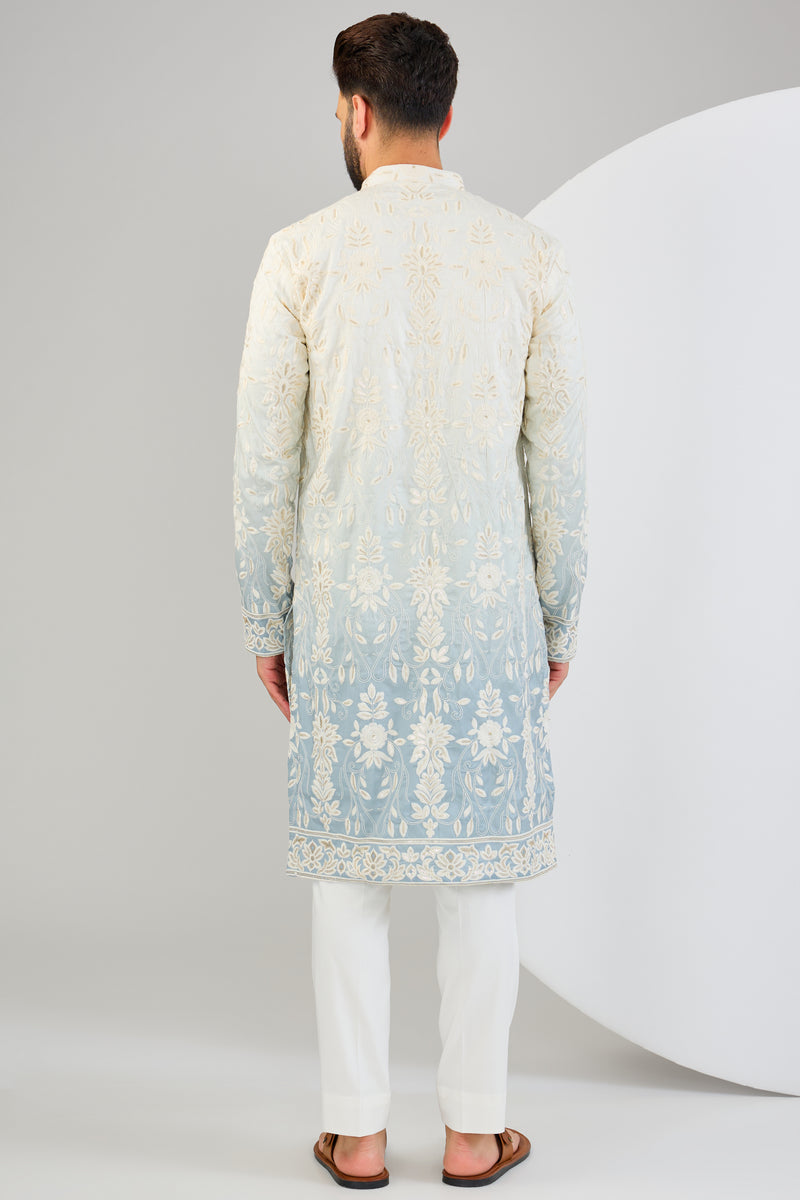 Ombre shaded chikankari kurta with intricate sequin and thread embroidery. - kasbahmen