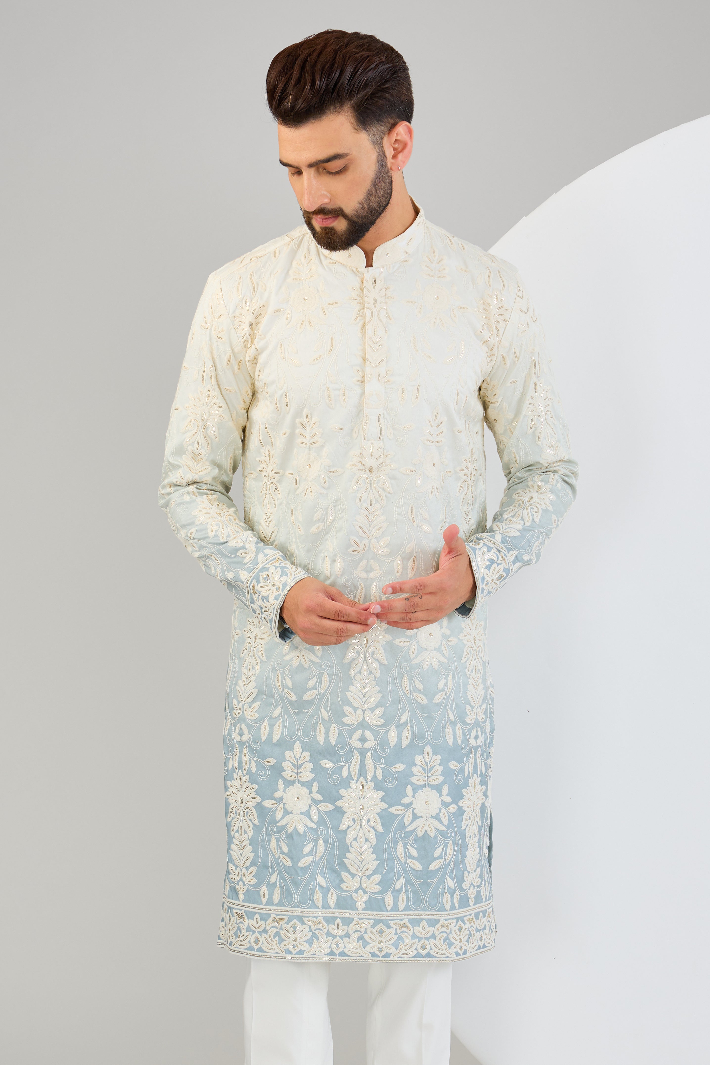 Ombre shaded chikankari kurta with intricate sequin and thread embroidery. - kasbahmen