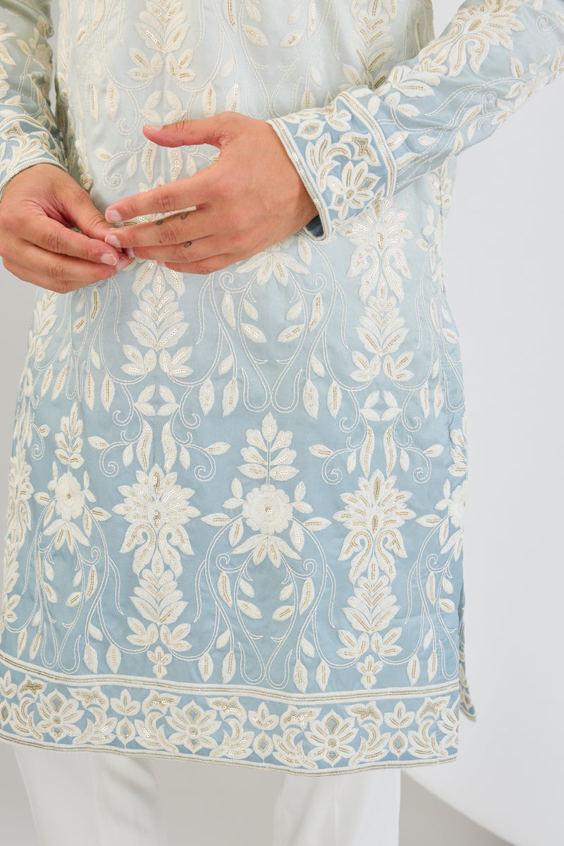 Ombre shaded chikankari kurta with intricate sequin and thread embroidery. - kasbahmen