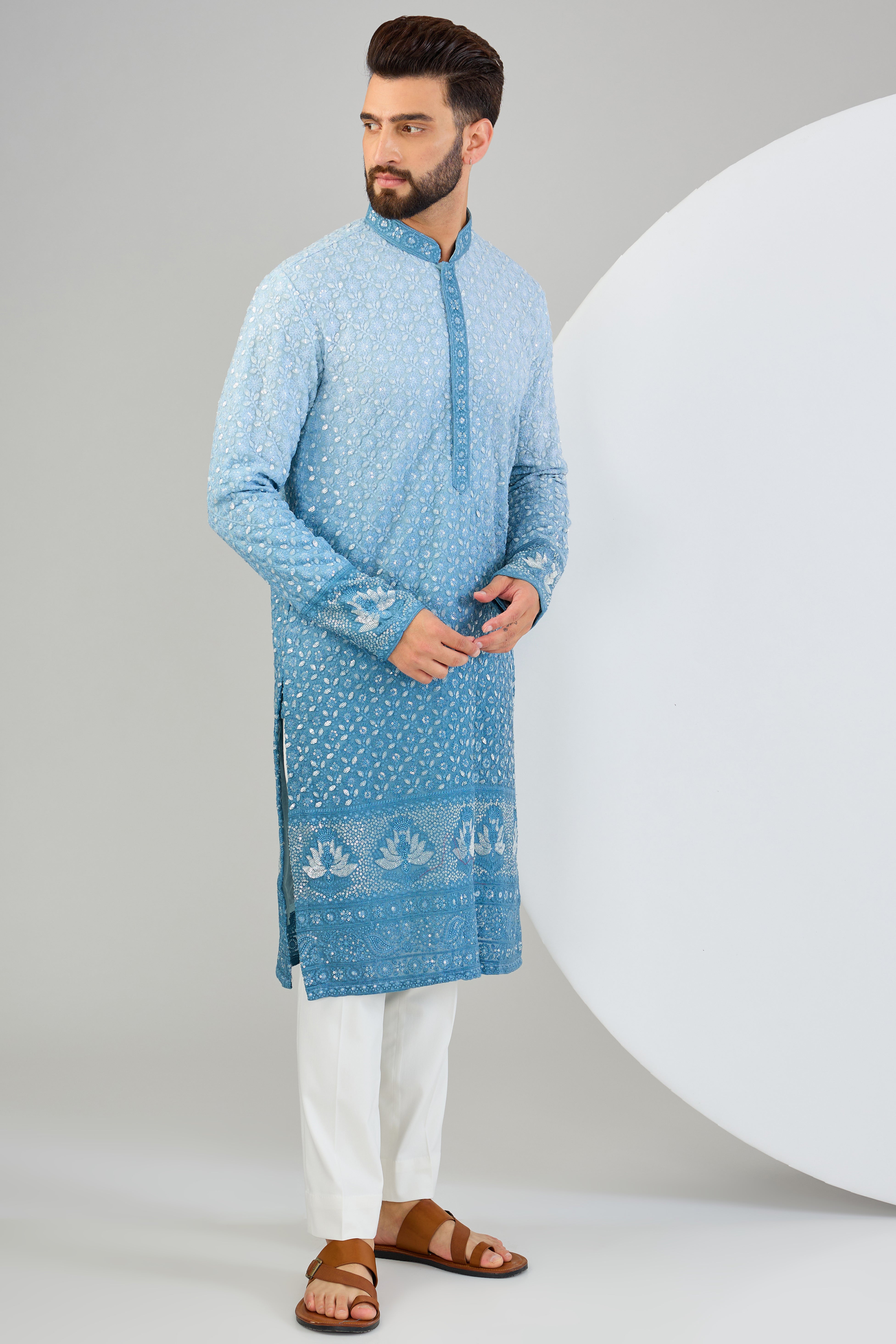 Powder blue ombre shaded chikankari kurta with detailed neckline. - kasbahmen