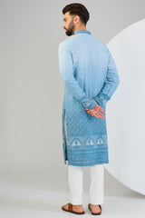 Powder blue ombre shaded chikankari kurta with detailed neckline. - kasbahmen