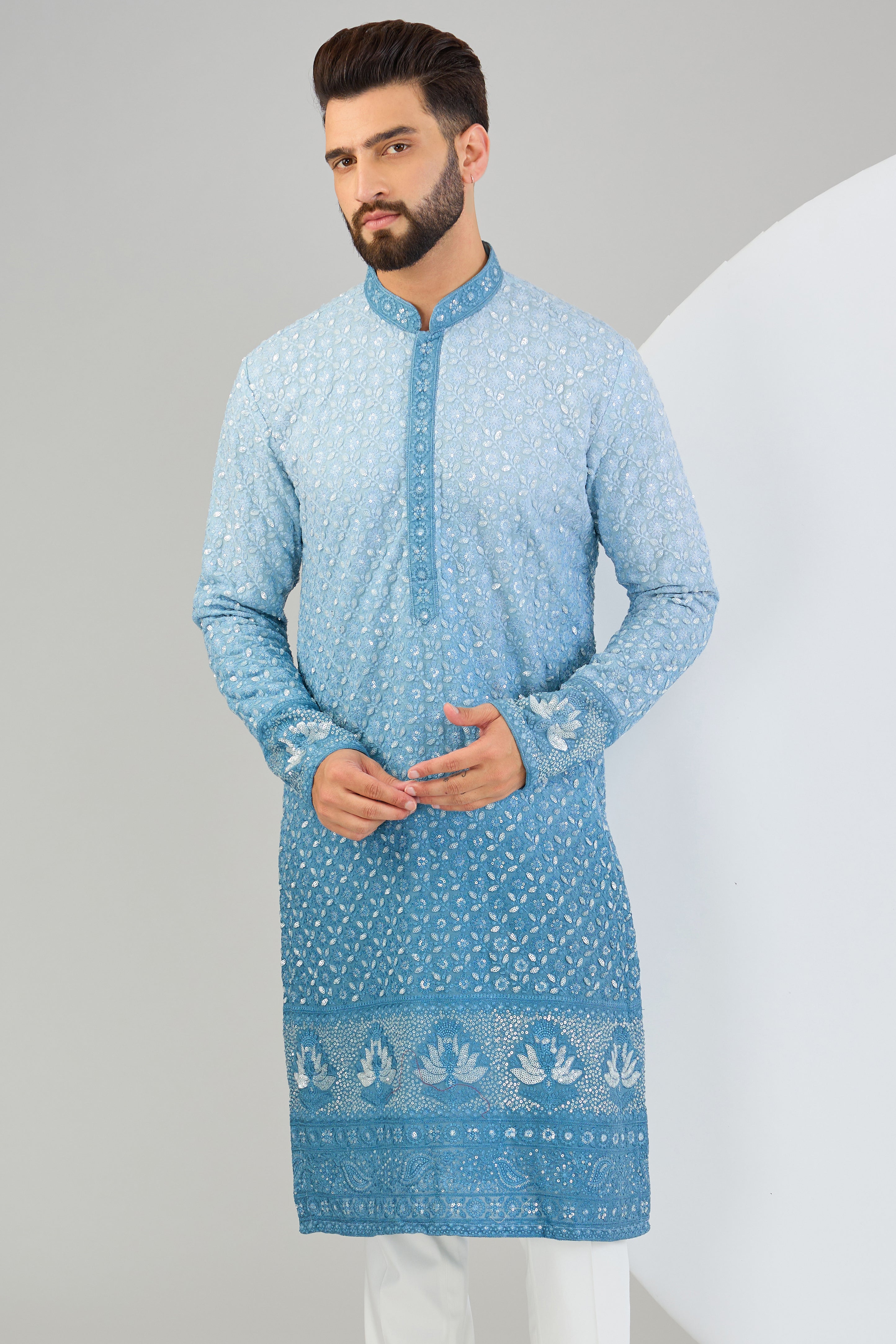 Powder blue ombre shaded chikankari kurta with detailed neckline. - kasbahmen