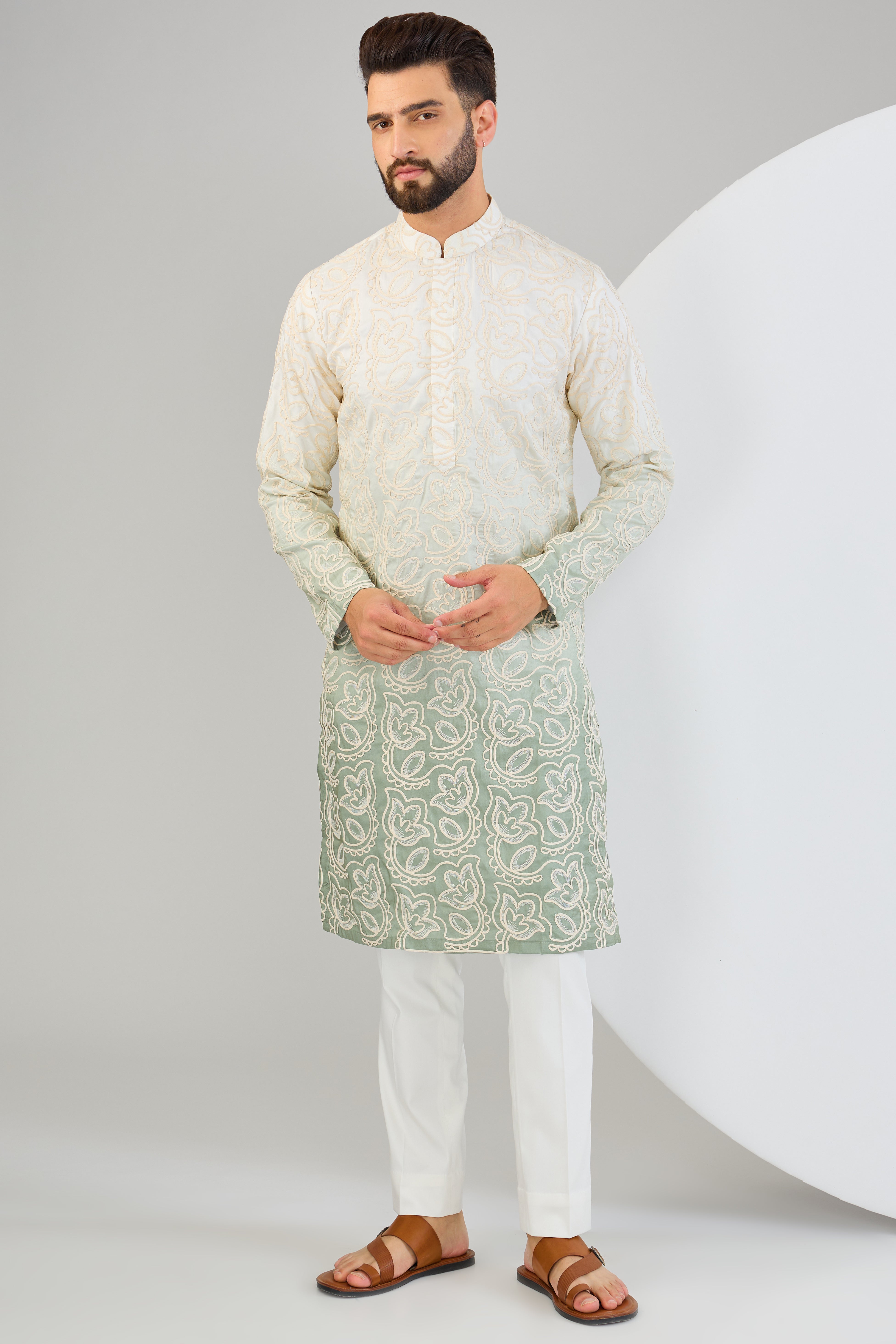 Sea-green ombre shaded chikankari kurta. - kasbahmen