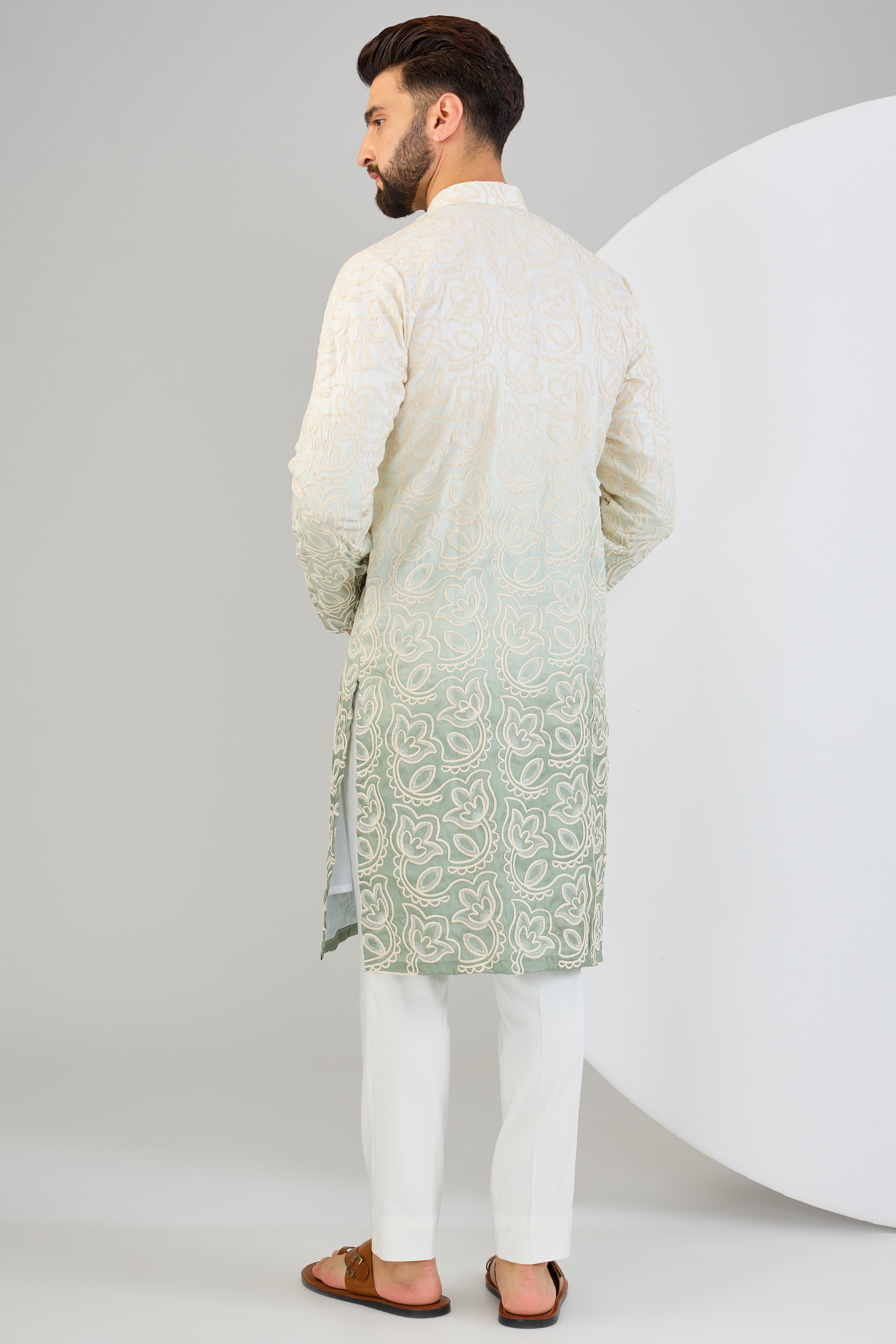 Sea-green ombre shaded chikankari kurta. - kasbahmen