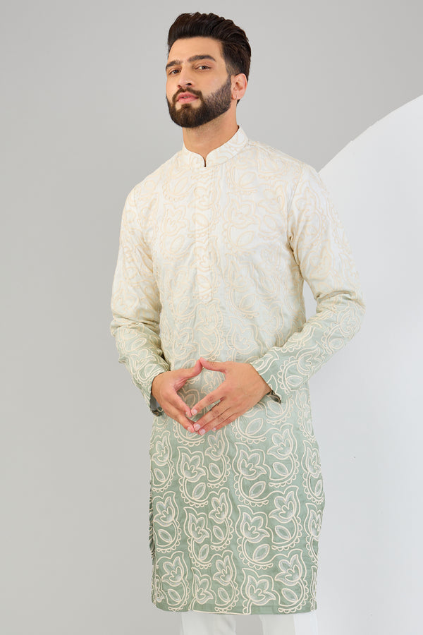 Sea-green ombre shaded chikankari kurta. - kasbahmen