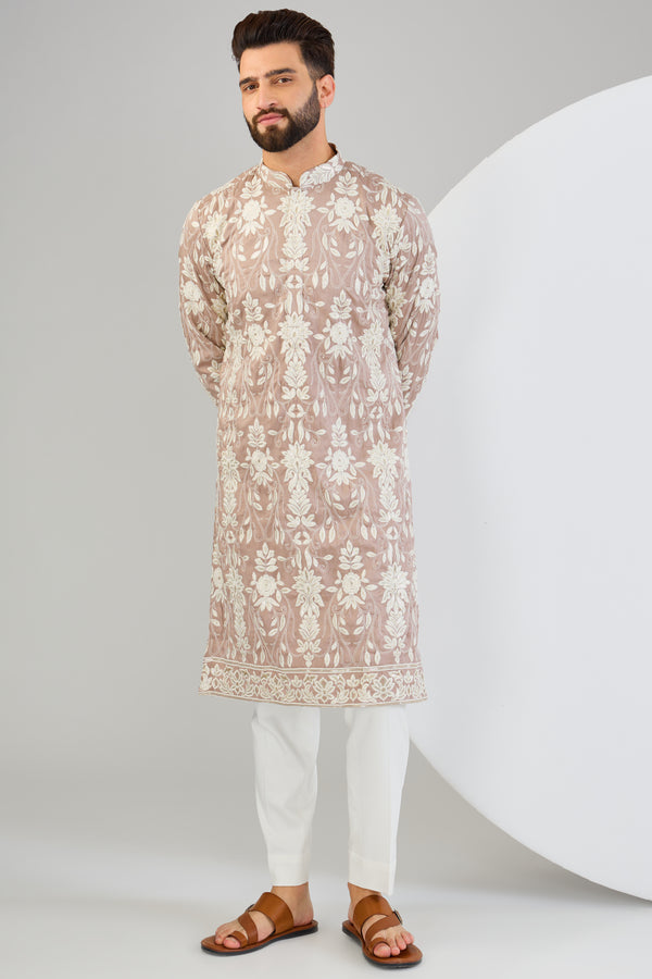 Mauve nude chikankari kurta with intricate sequin and thread embroidery. - kasbahmen