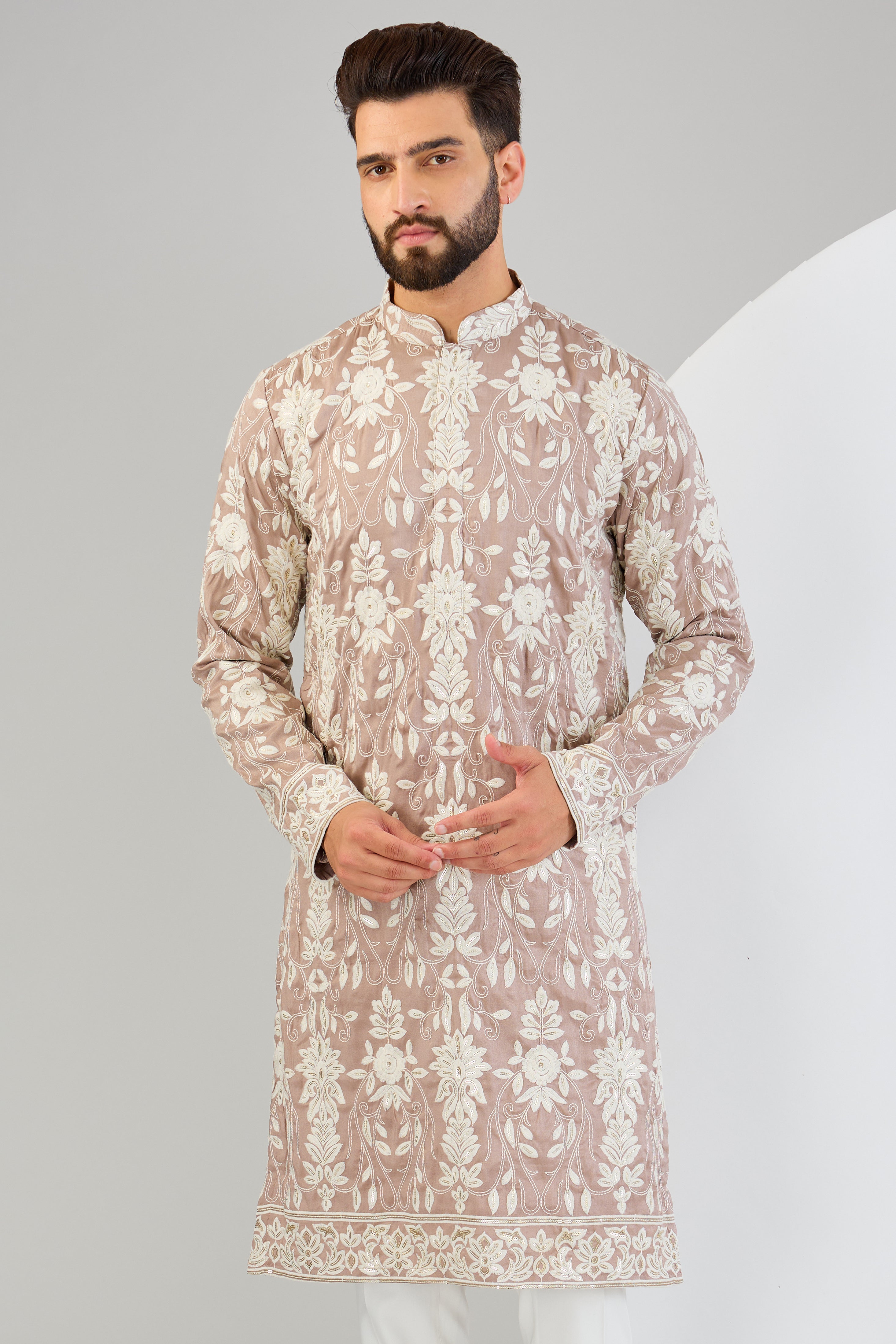 Mauve nude chikankari kurta with intricate sequin and thread embroidery. - kasbahmen