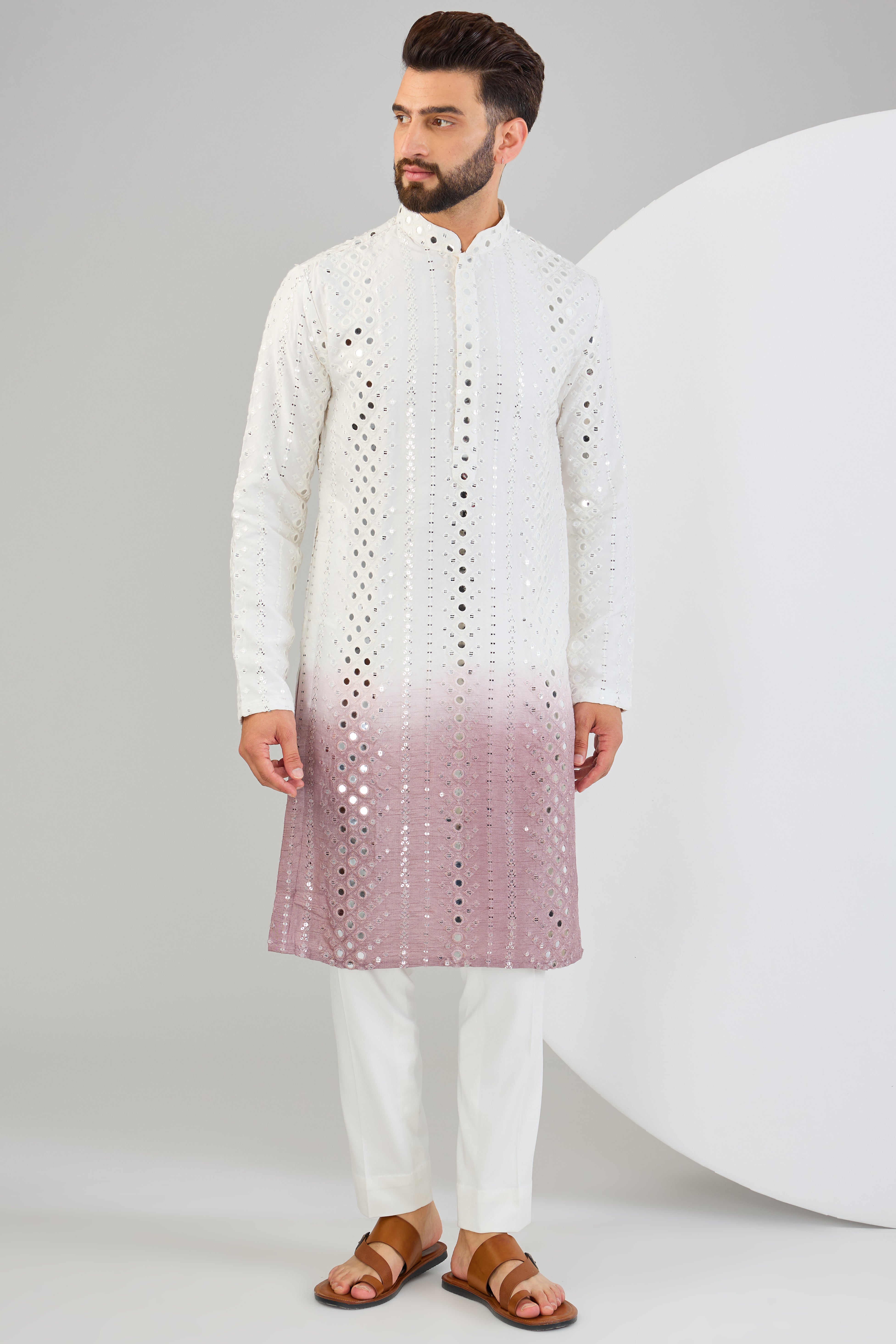 Cream-mauve ombre shaded mirror work kurta - kasbahmen