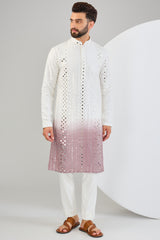 Cream-mauve ombre shaded mirror work kurta