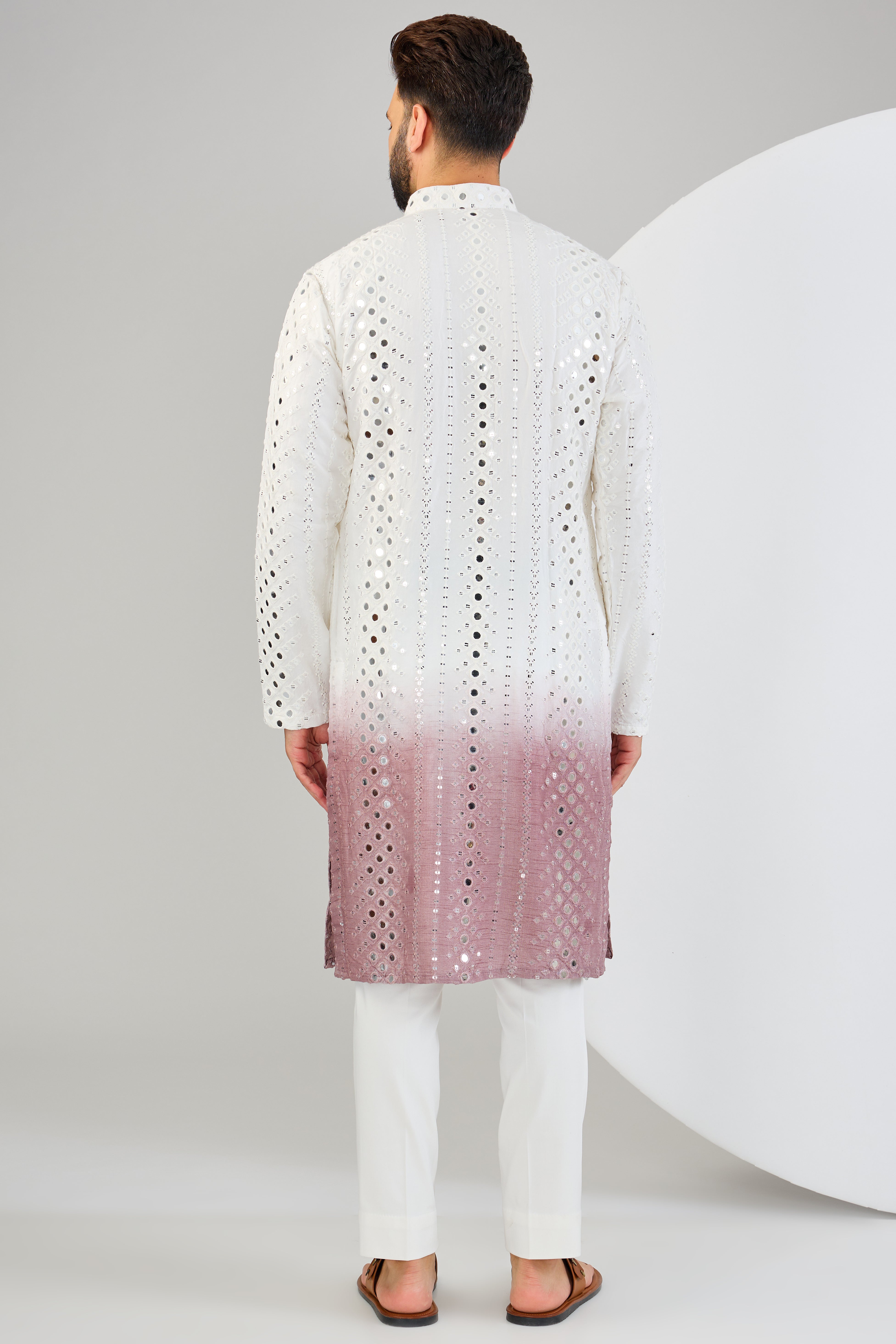 Cream-mauve ombre shaded mirror work kurta - kasbahmen