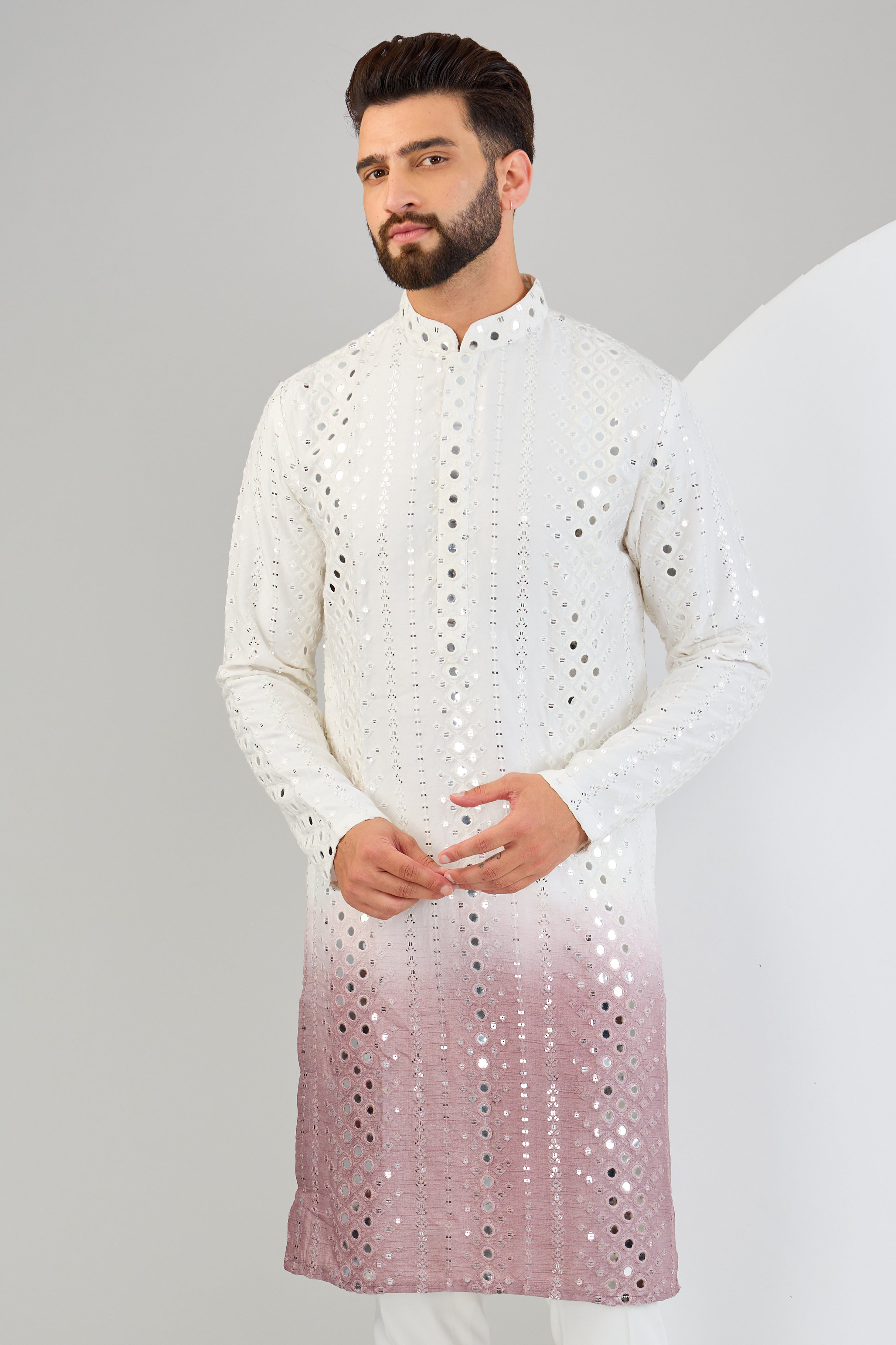 Cream-mauve ombre shaded mirror work kurta - kasbahmen