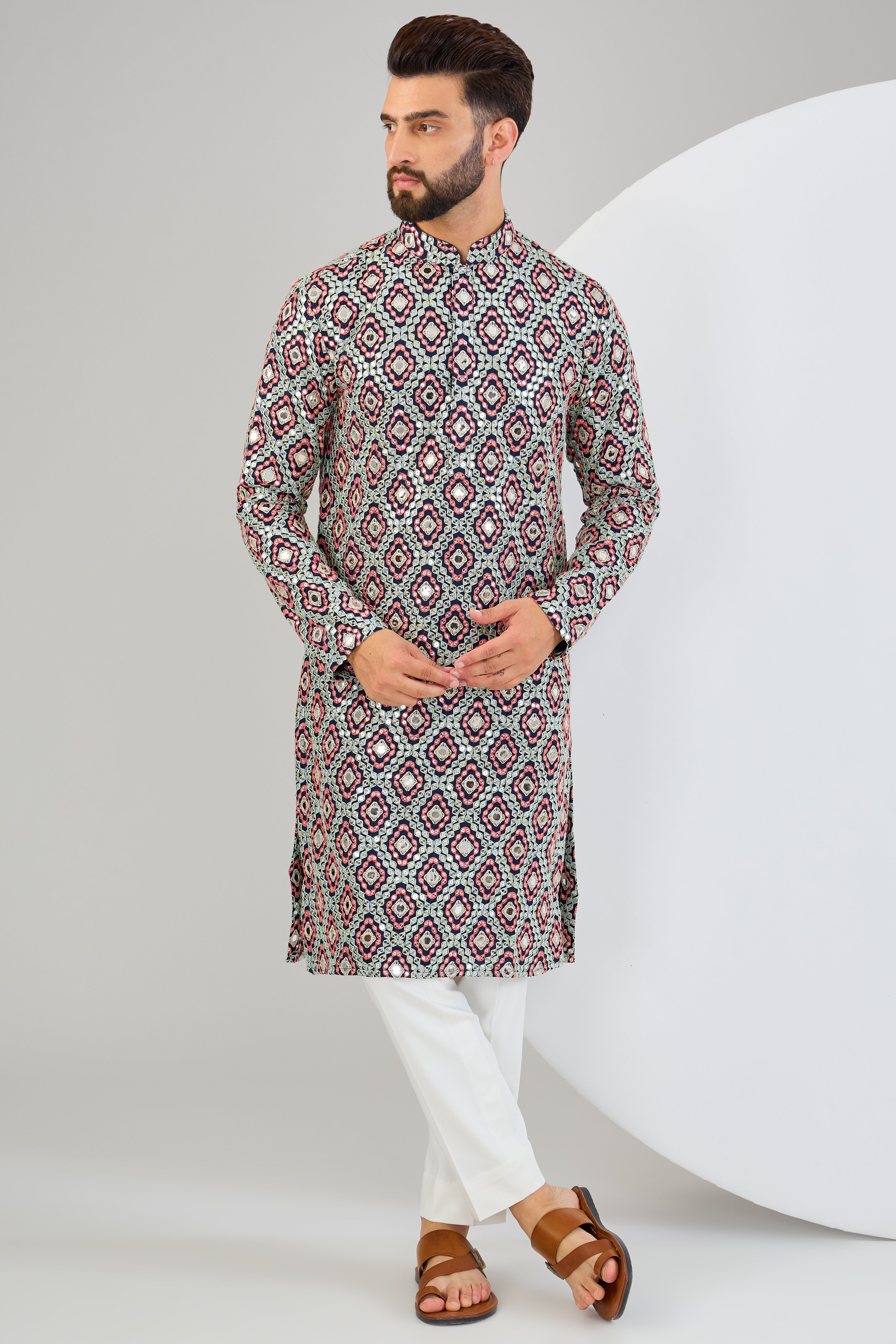 Signature navy blue mirror-work kurta with intricate mulit-thread work and zari-detailing. - kasbahmen