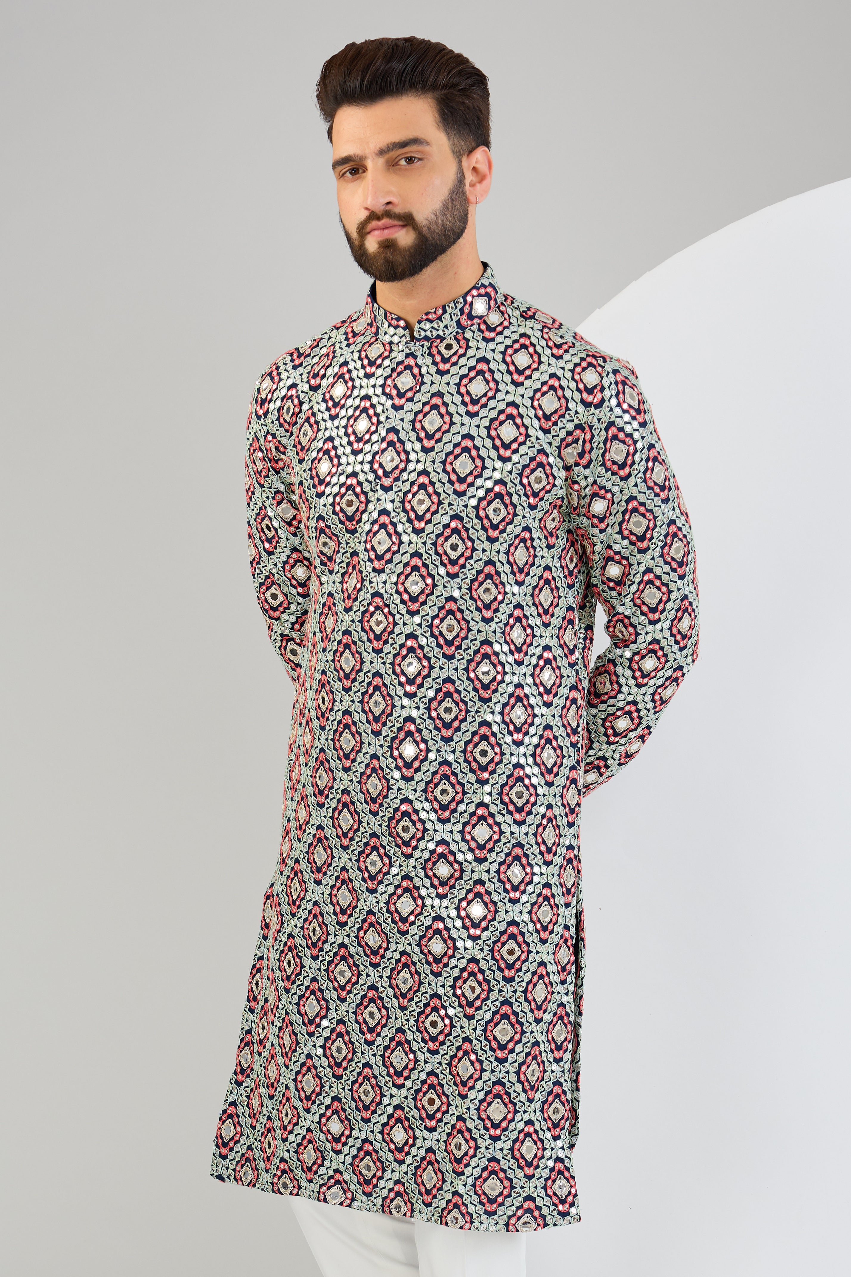 Signature navy blue mirror-work kurta with intricate mulit-thread work and zari-detailing. - kasbahmen