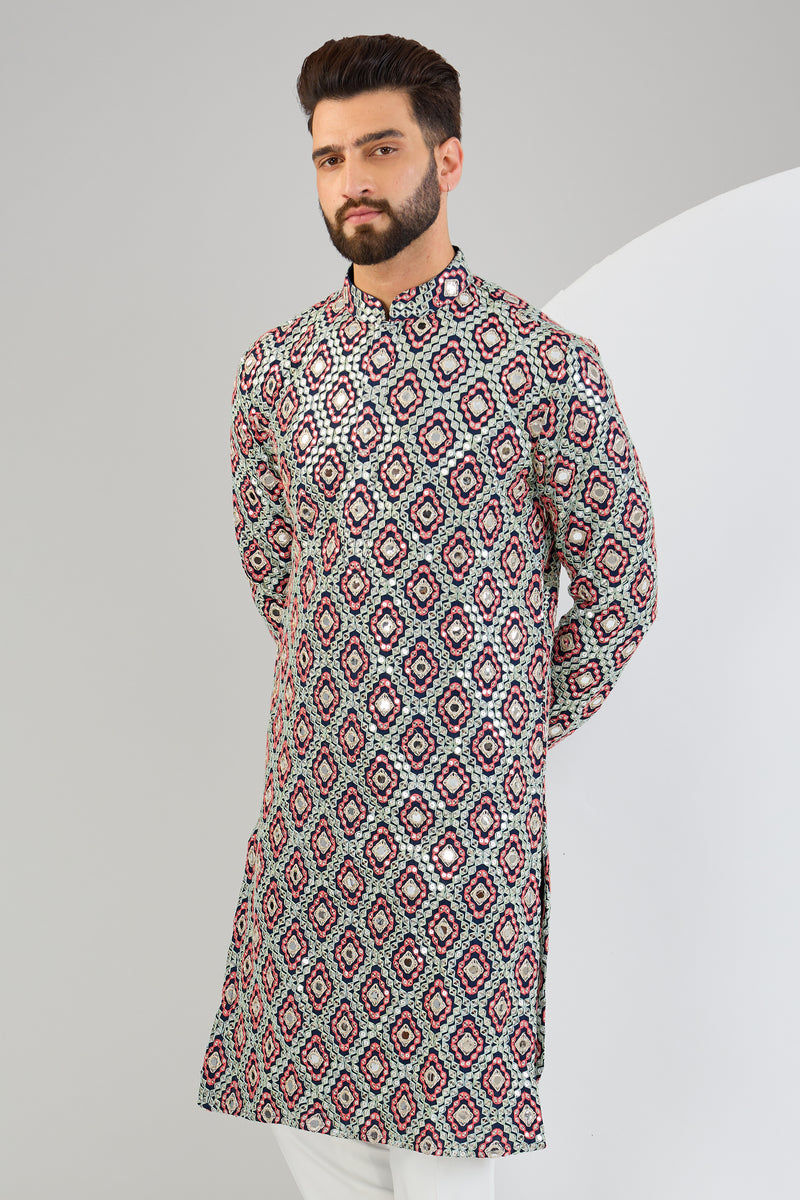 Signature navy blue mirror-work kurta with intricate mulit-thread work and zari-detailing.