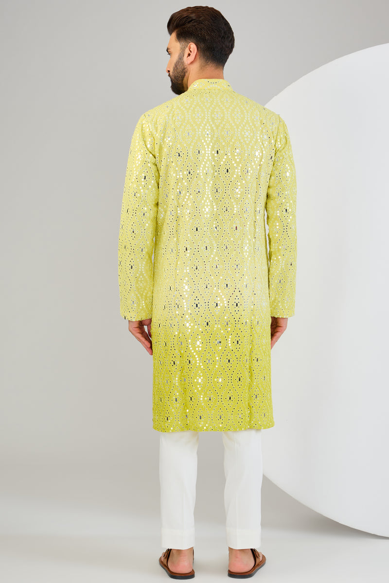 Neon yellow ombre shaded mirror-work kurta