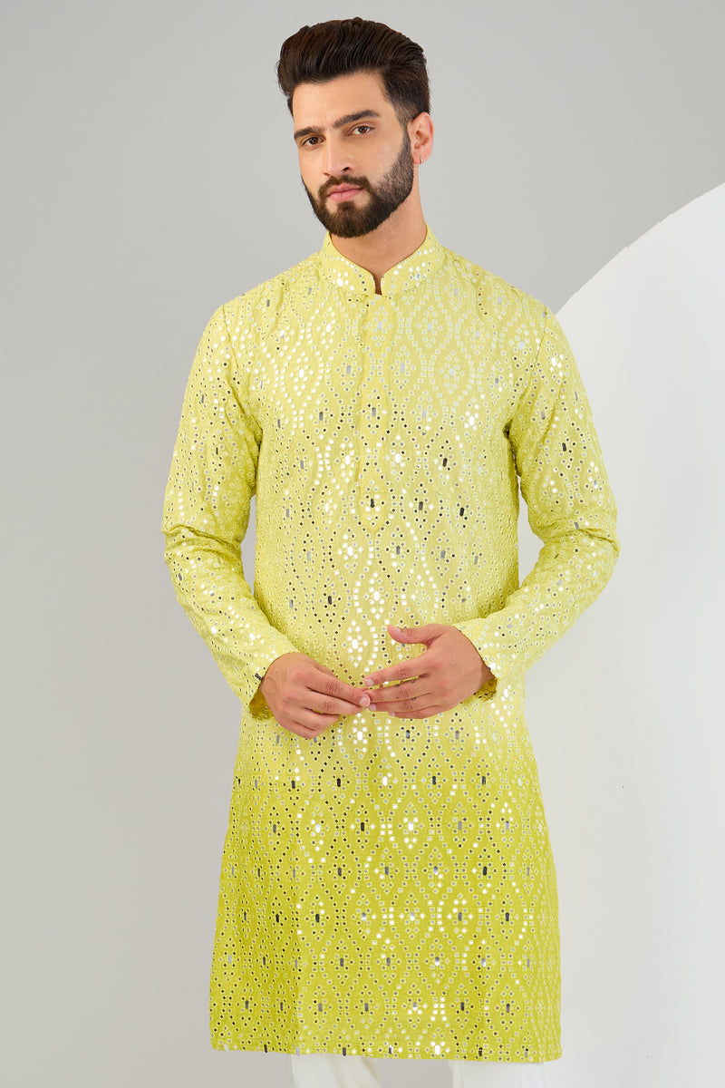 Neon yellow ombre shaded mirror-work kurta