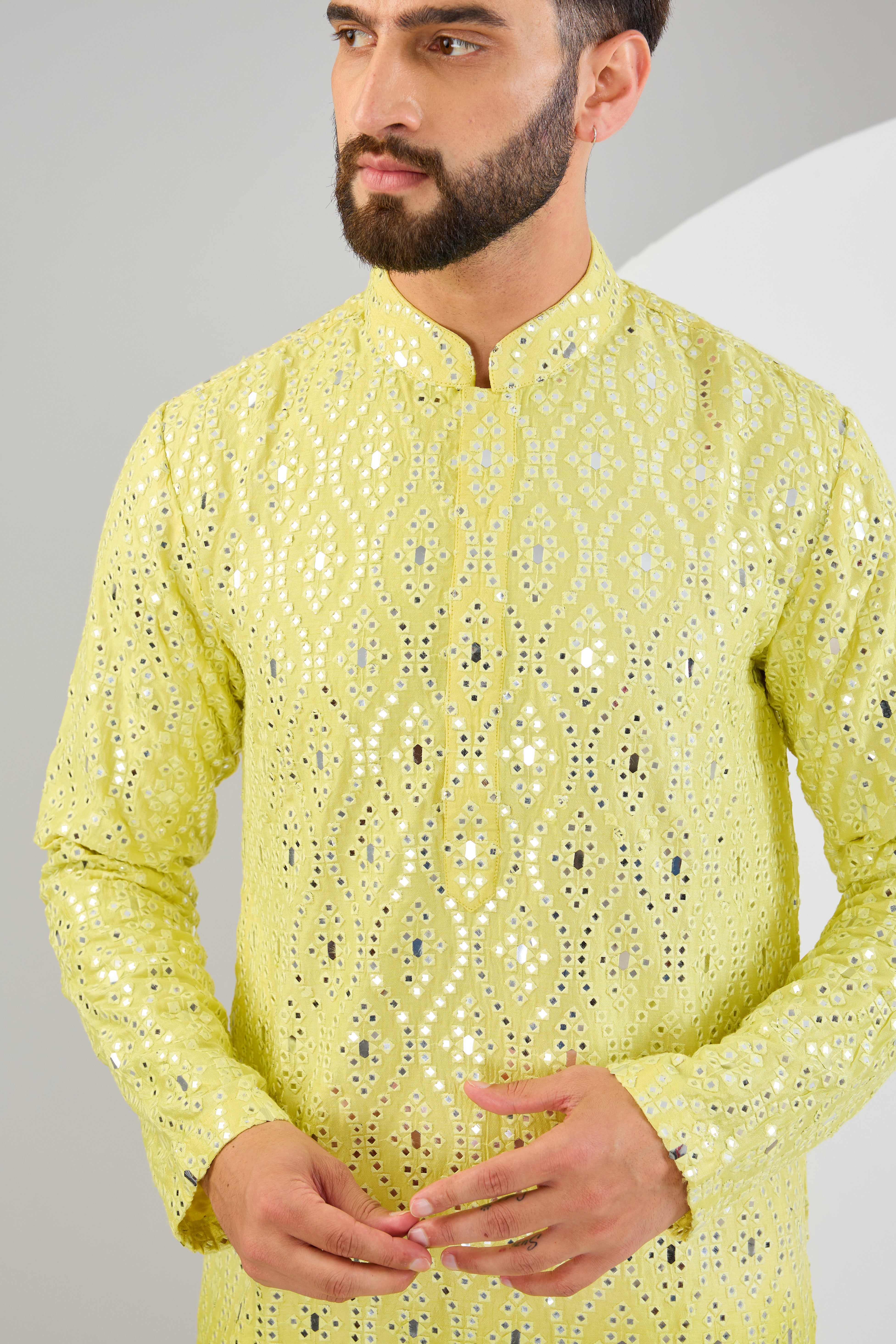 Neon yellow ombre shaded mirror-work kurta - kasbahmen