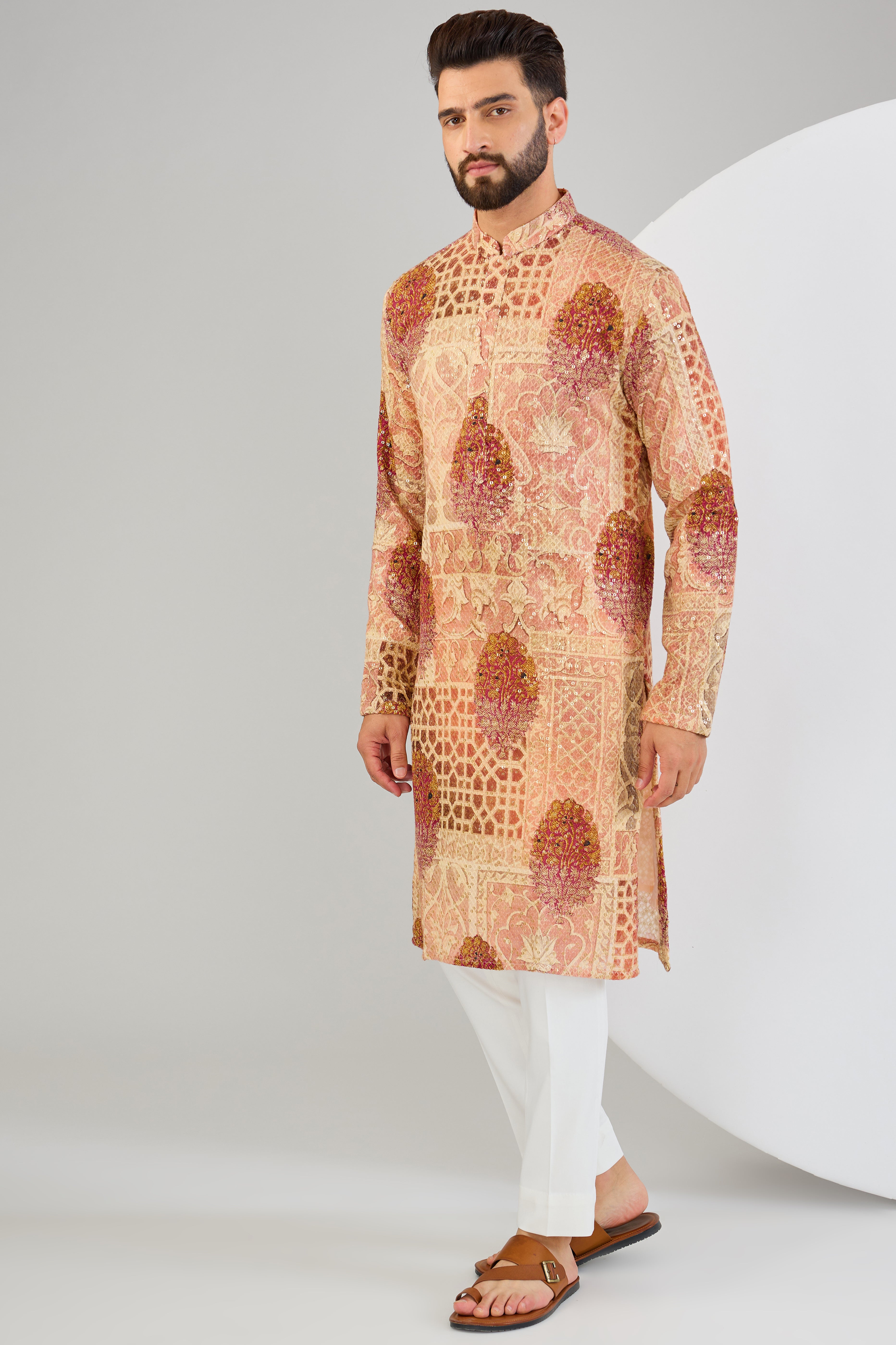 Multi-coloured chikankari kurta with sequins embroidery and kalamkari print. - kasbahmen