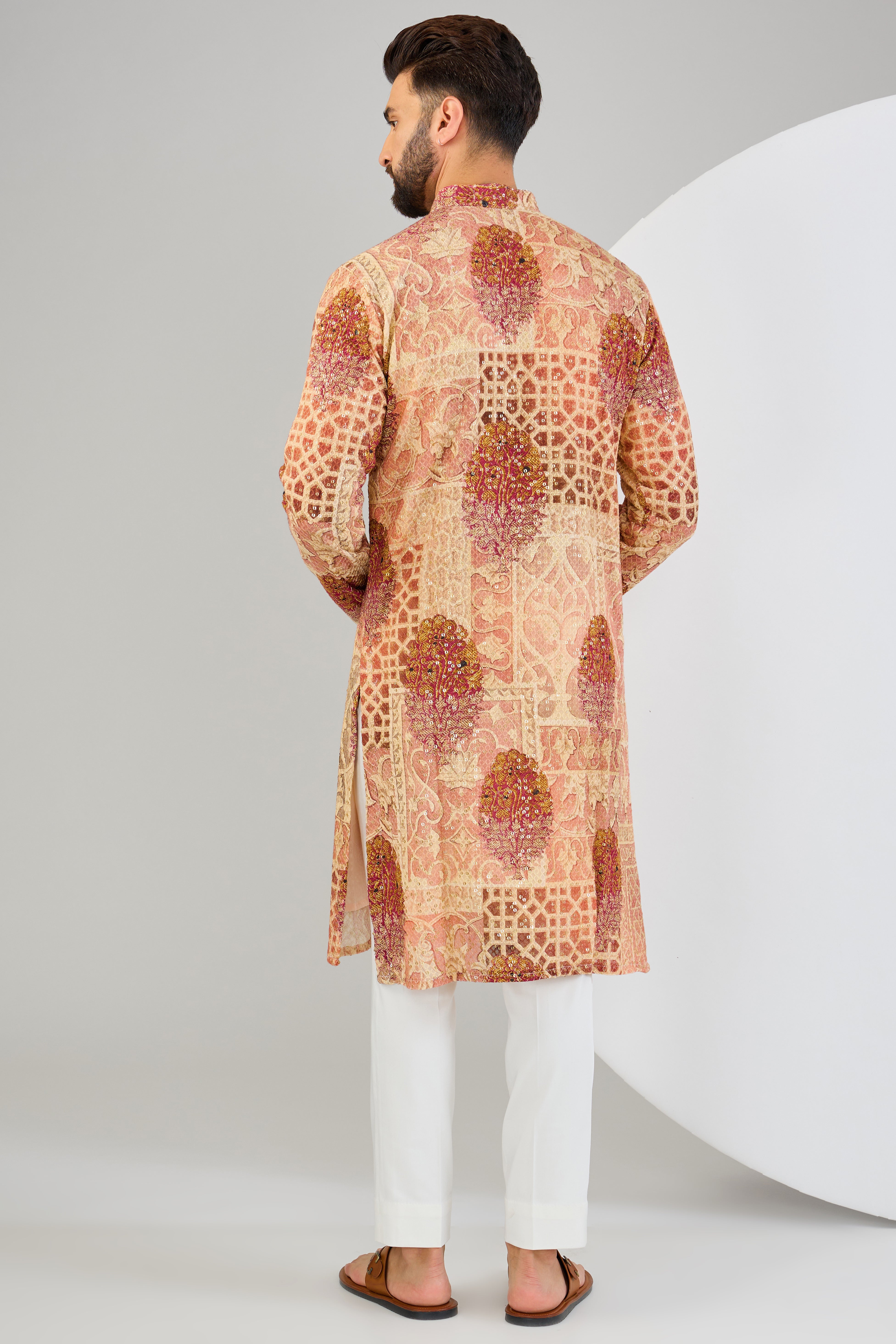 Multi-coloured chikankari kurta with sequins embroidery and kalamkari print. - kasbahmen