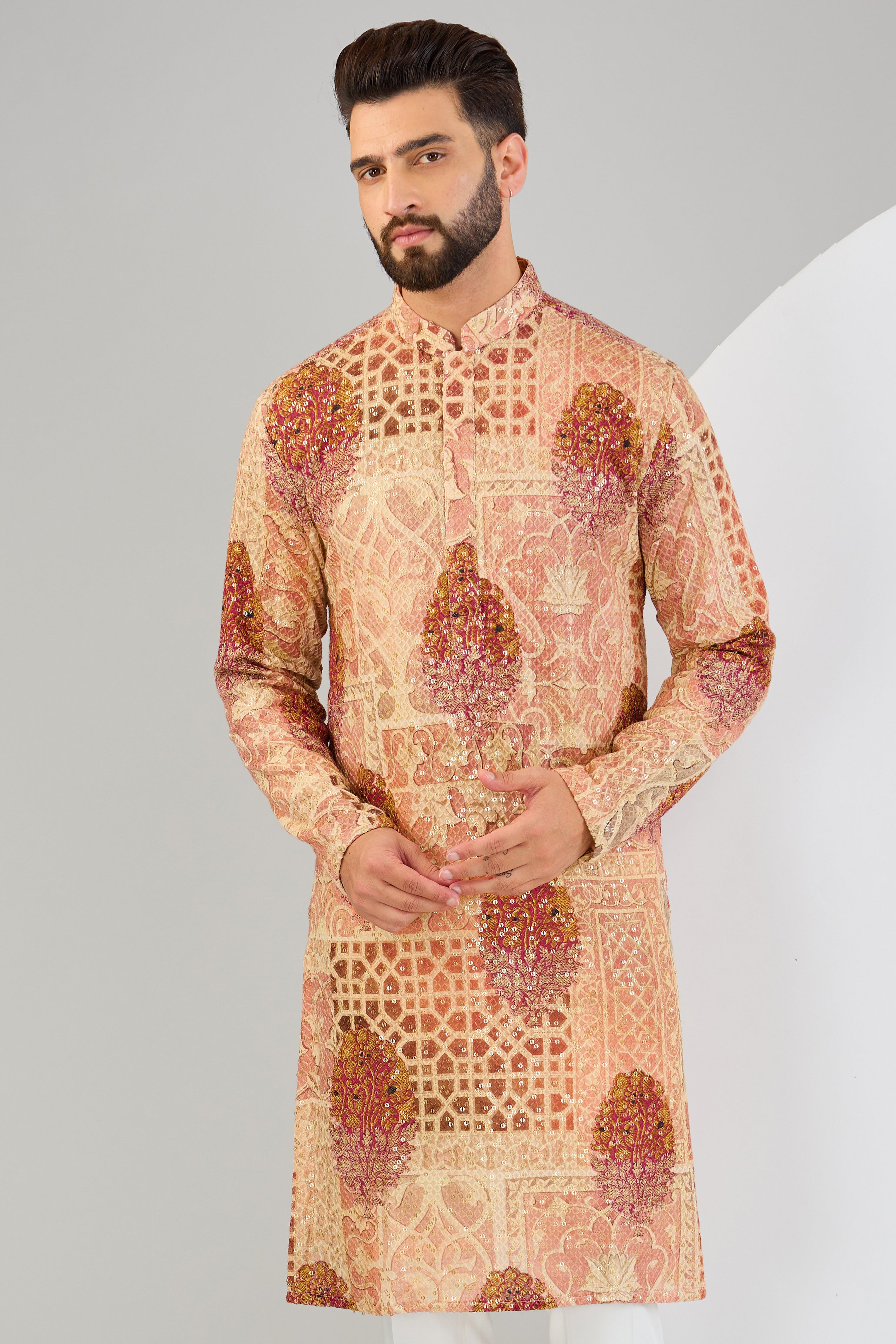 Multi-coloured chikankari kurta with sequins embroidery and kalamkari print. - kasbahmen