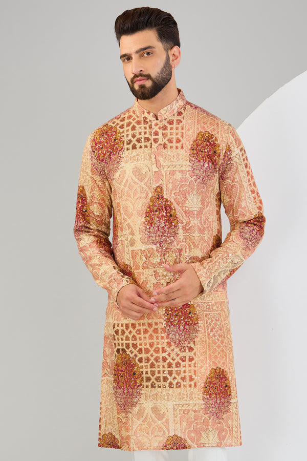 Multi-coloured chikankari kurta with sequins embroidery and kalamkari print. - kasbahmen