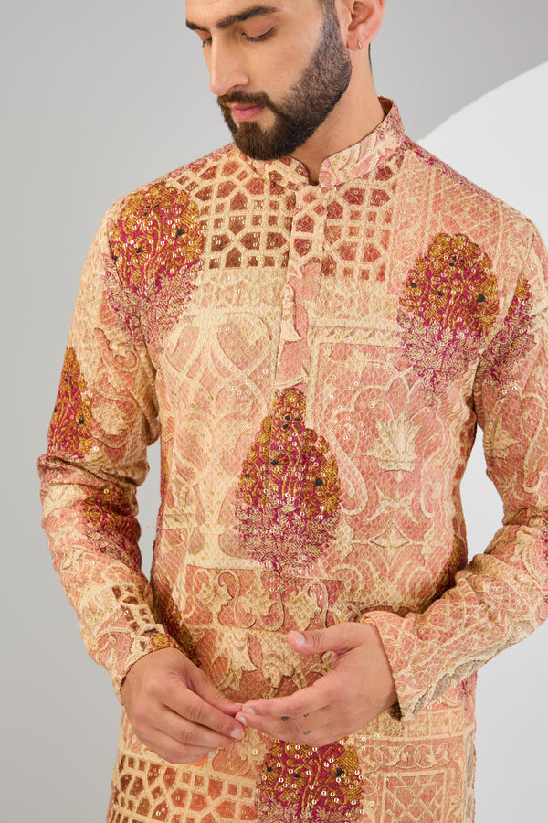 Multi-coloured chikankari kurta with sequins embroidery and kalamkari print. - kasbahmen