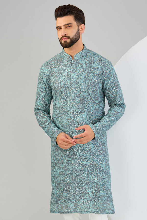 Blue paisley embroidered kurta with print on embroidery. - kasbahmen