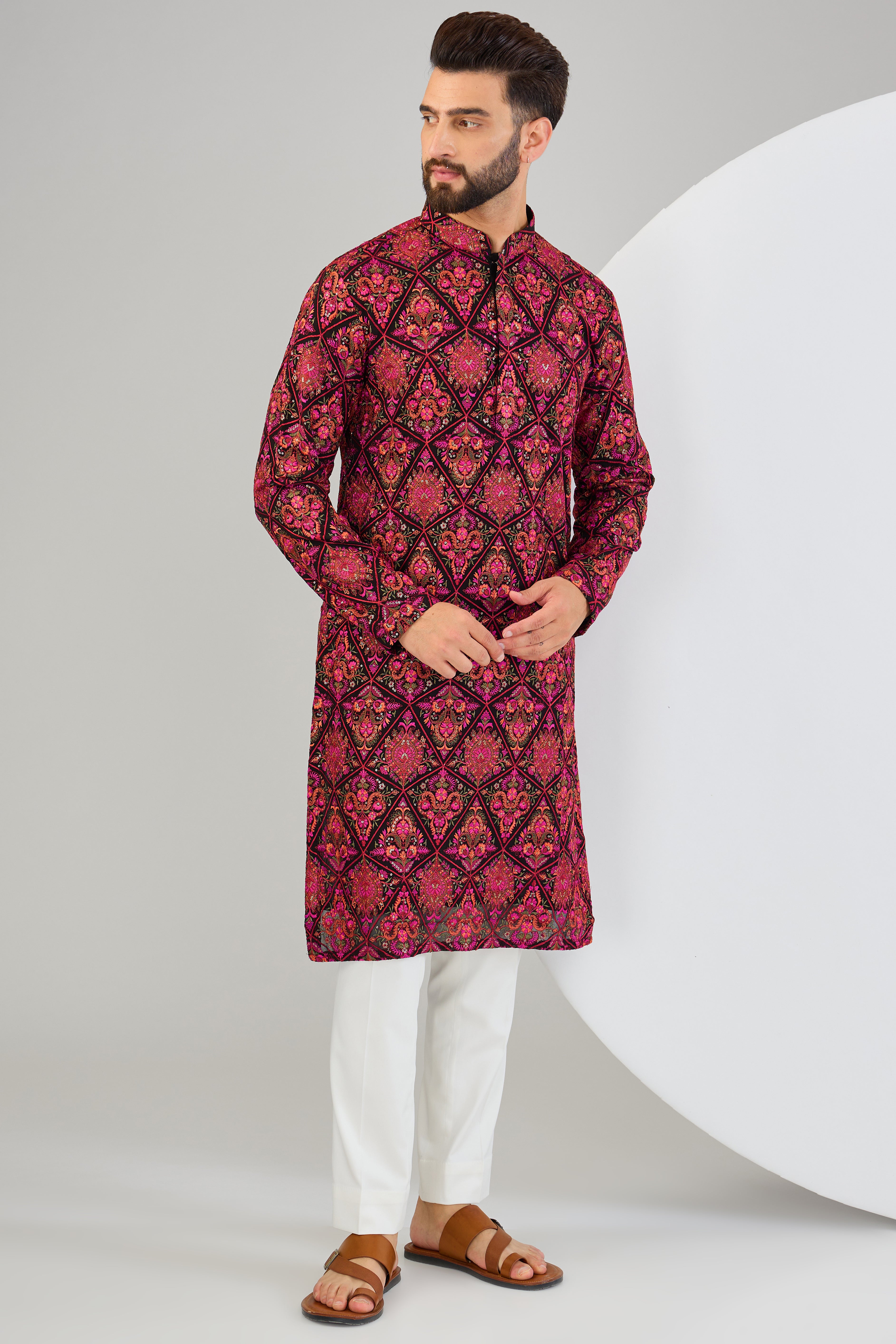 Black and hot pink kashmiri embroidered chikankari kurta with multi-thread work - kasbahmen