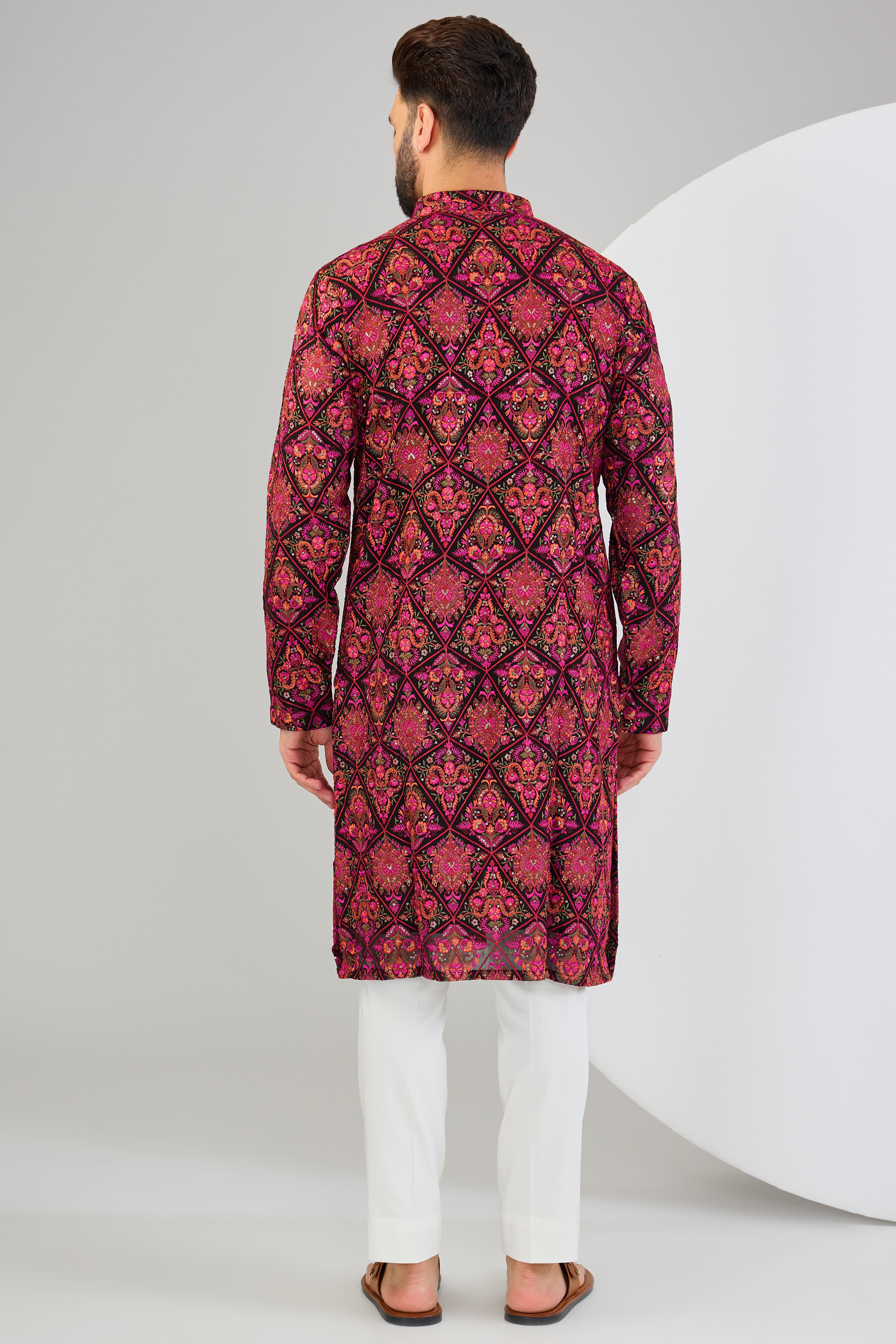 Black and hot pink kashmiri embroidered chikankari kurta with multi-thread work - kasbahmen