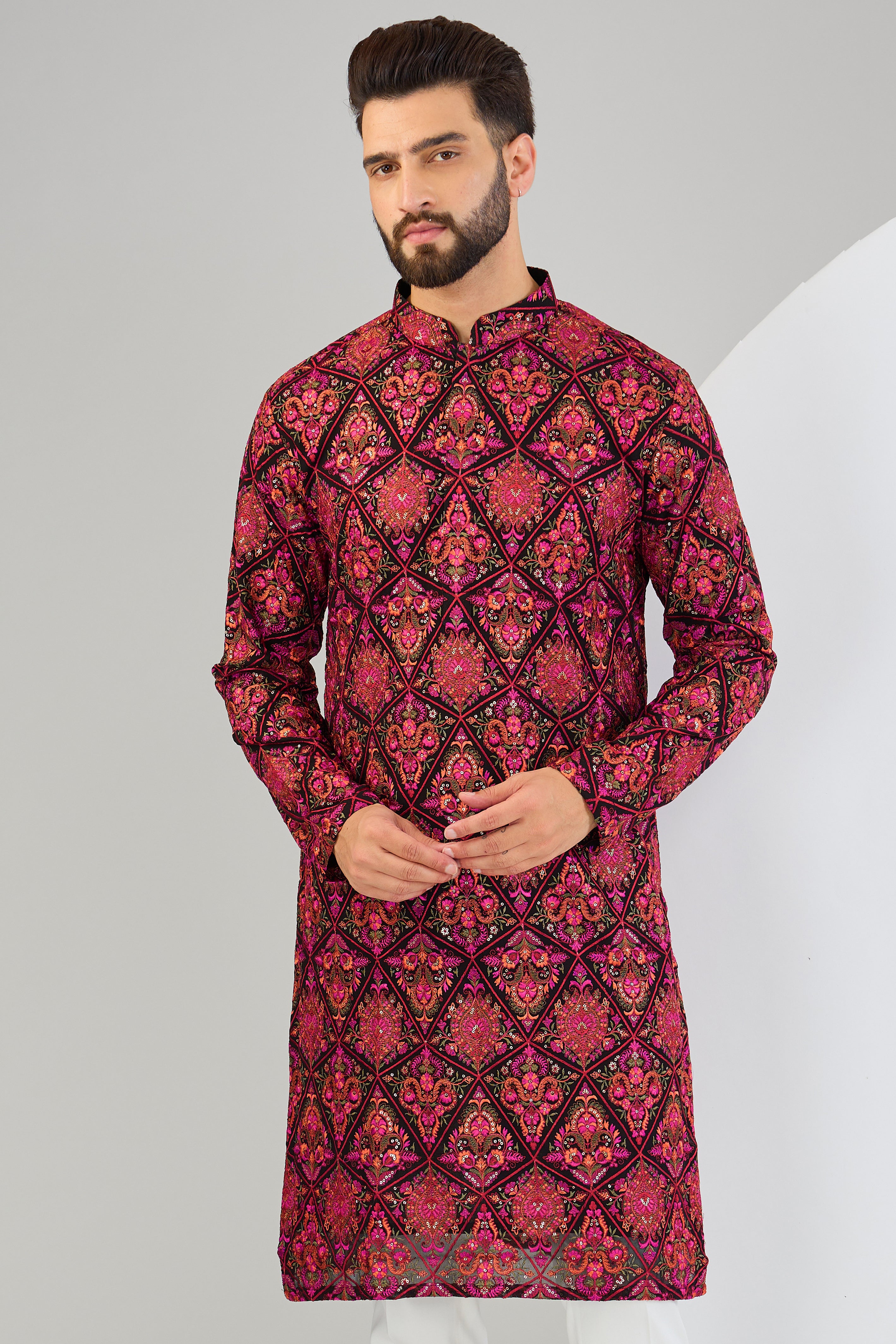 Black and hot pink kashmiri embroidered chikankari kurta with multi-thread work - kasbahmen