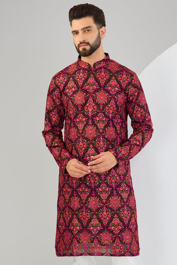 Black and hot pink kashmiri embroidered chikankari kurta with multi-thread work