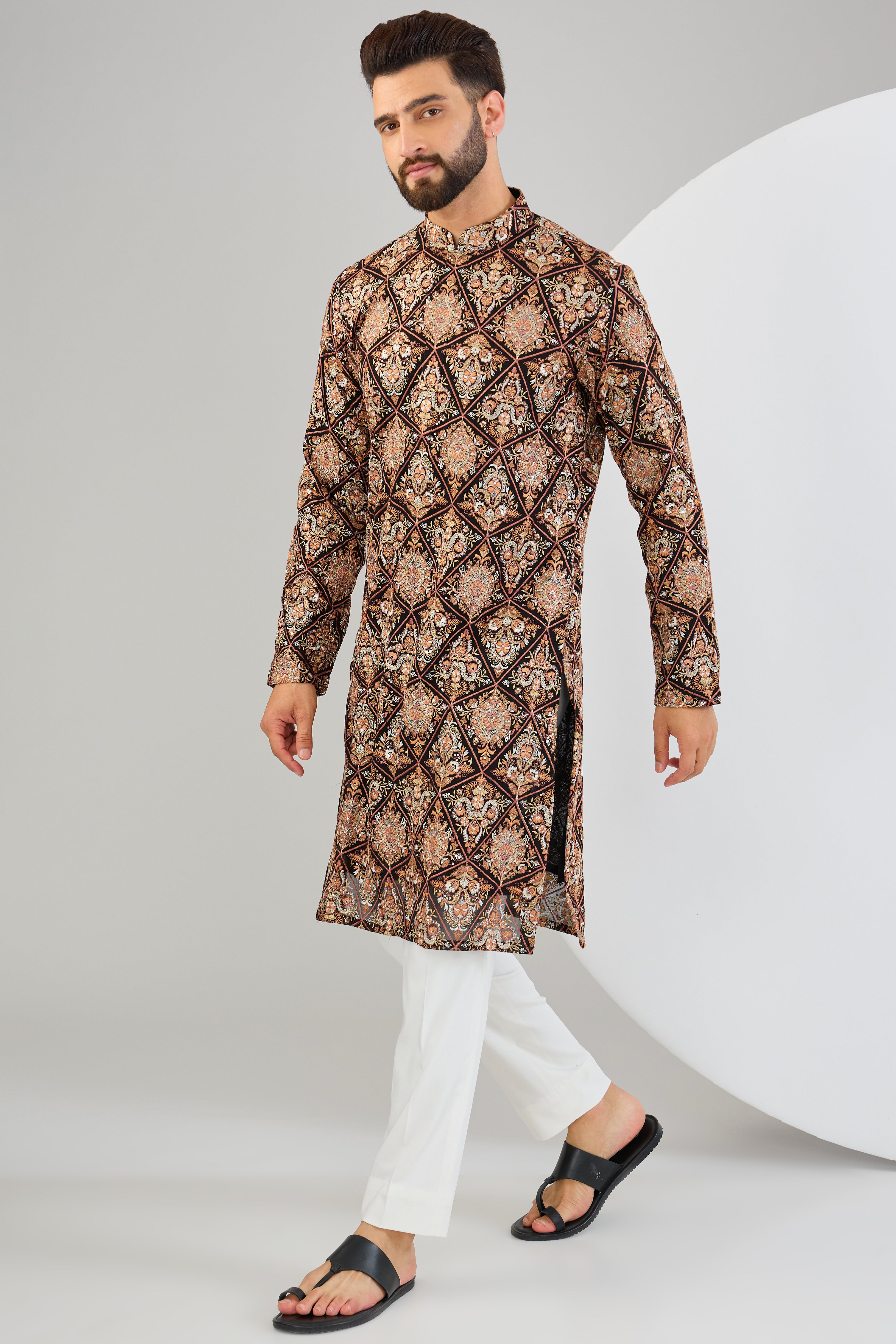 Black and rust kashmiri embroidered chikankari kurta with multi-thread work - kasbahmen