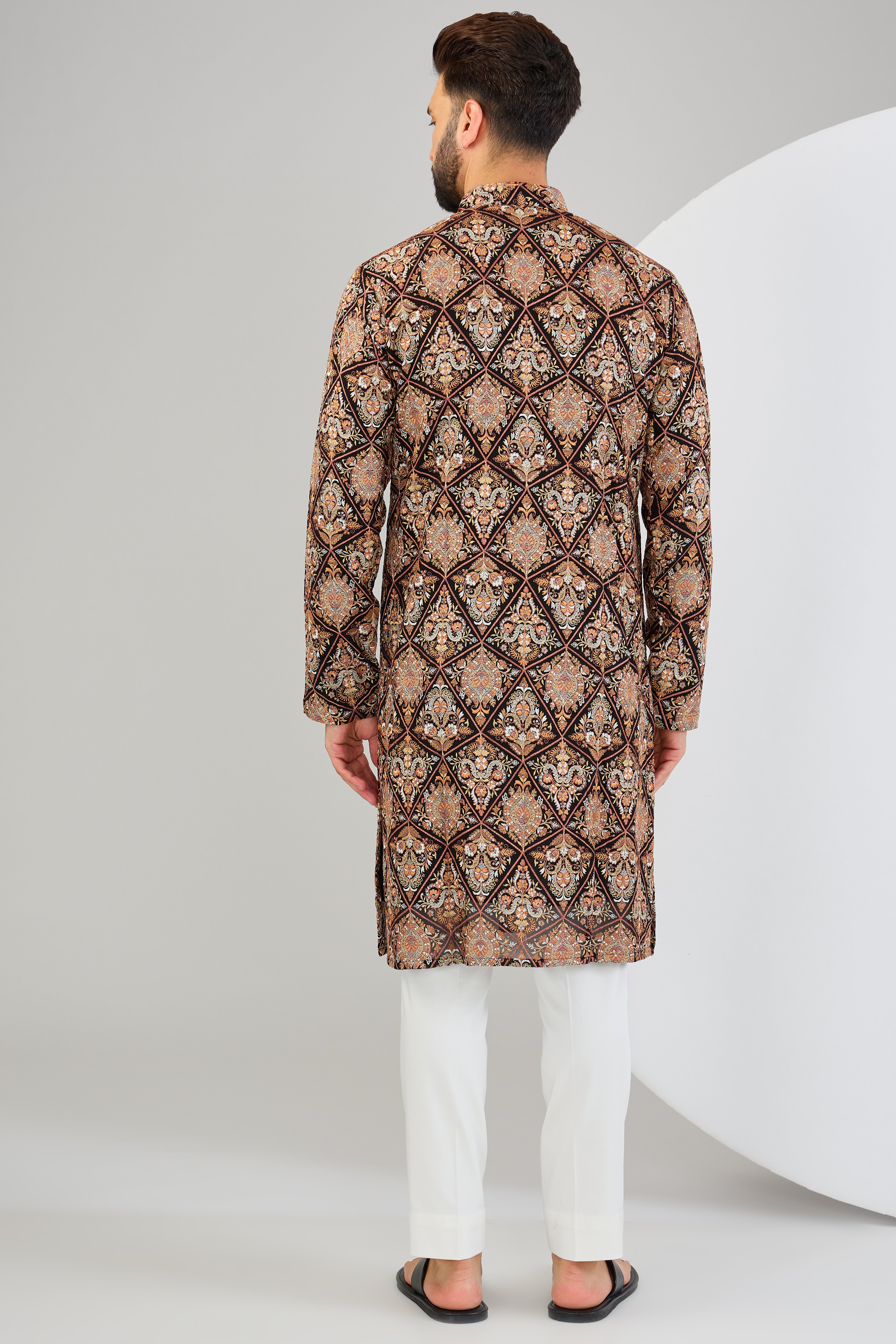 Black and rust kashmiri embroidered chikankari kurta with multi-thread work - kasbahmen