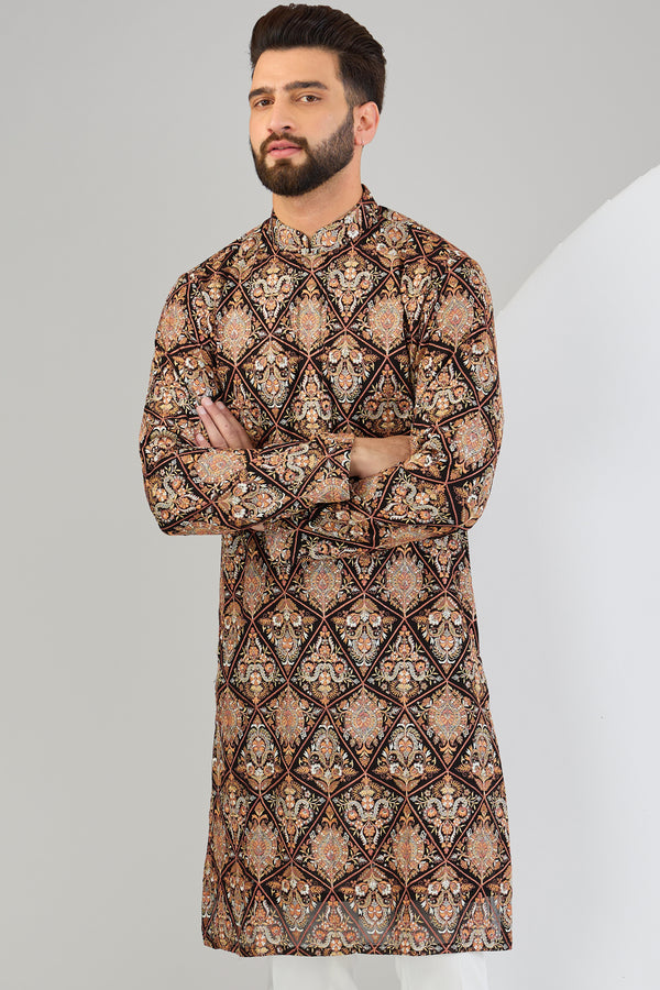 Black and rust kashmiri embroidered chikankari kurta with multi-thread work - kasbahmen