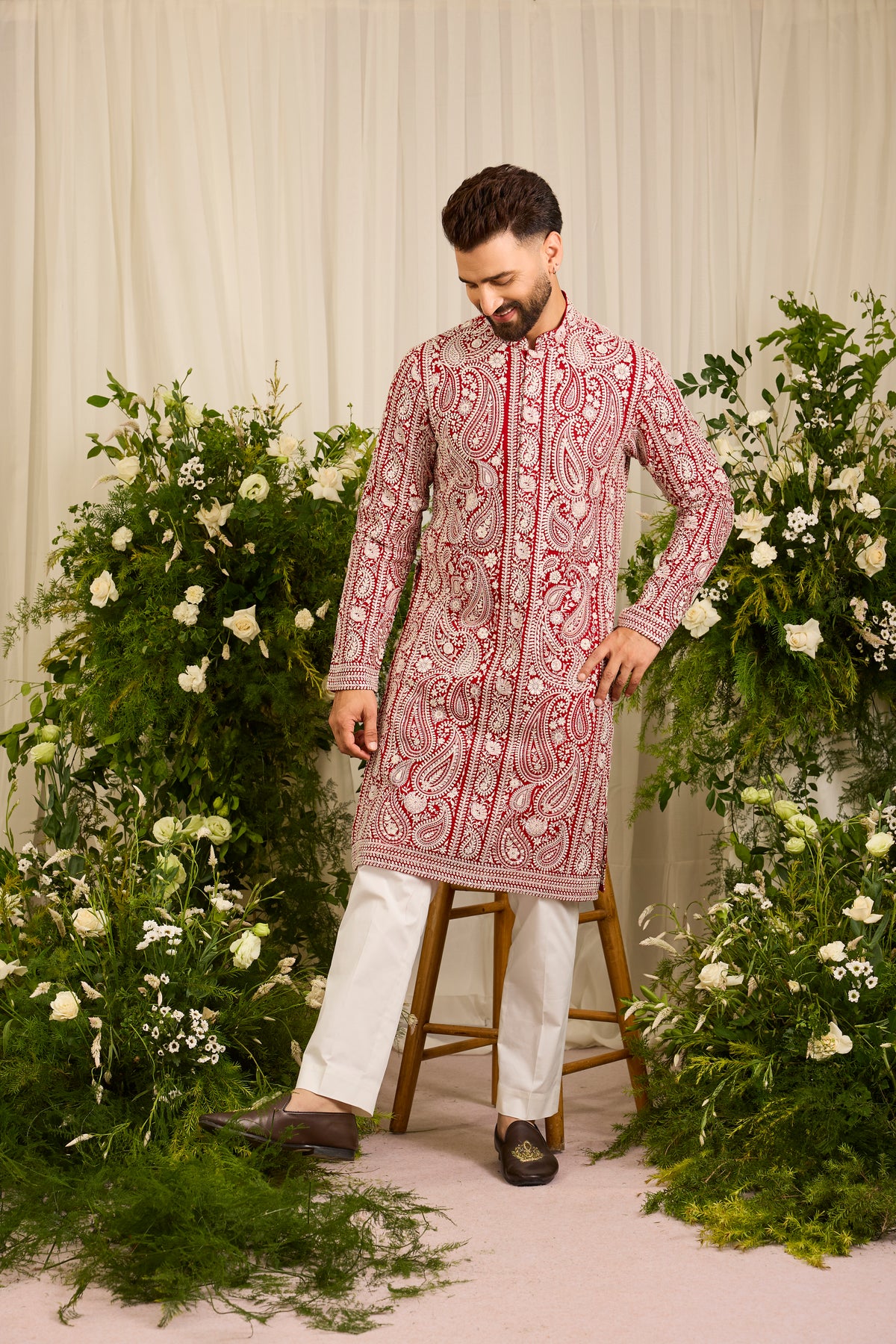 The Linden — Red short Chikankari Kurta Richly Embroidered in Ivory