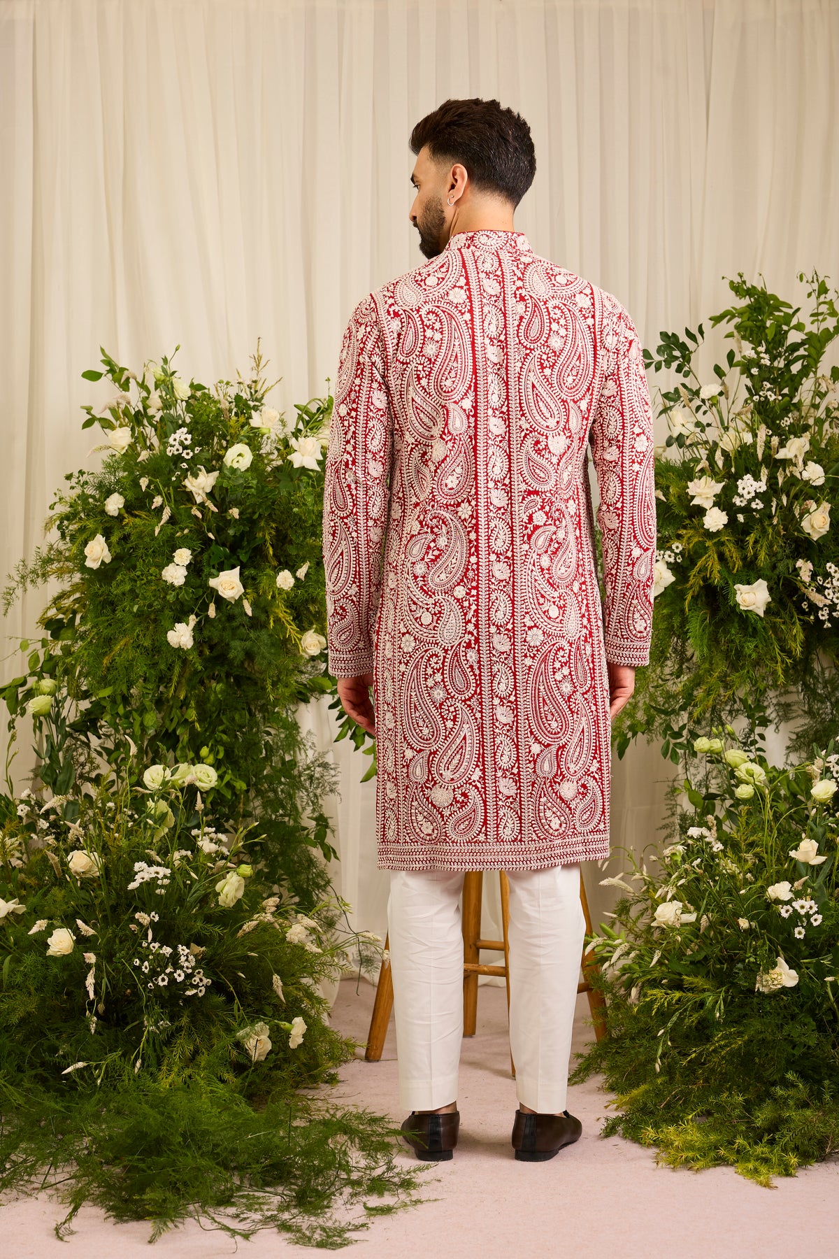 The Linden — Red short Chikankari Kurta Richly Embroidered in Ivory
