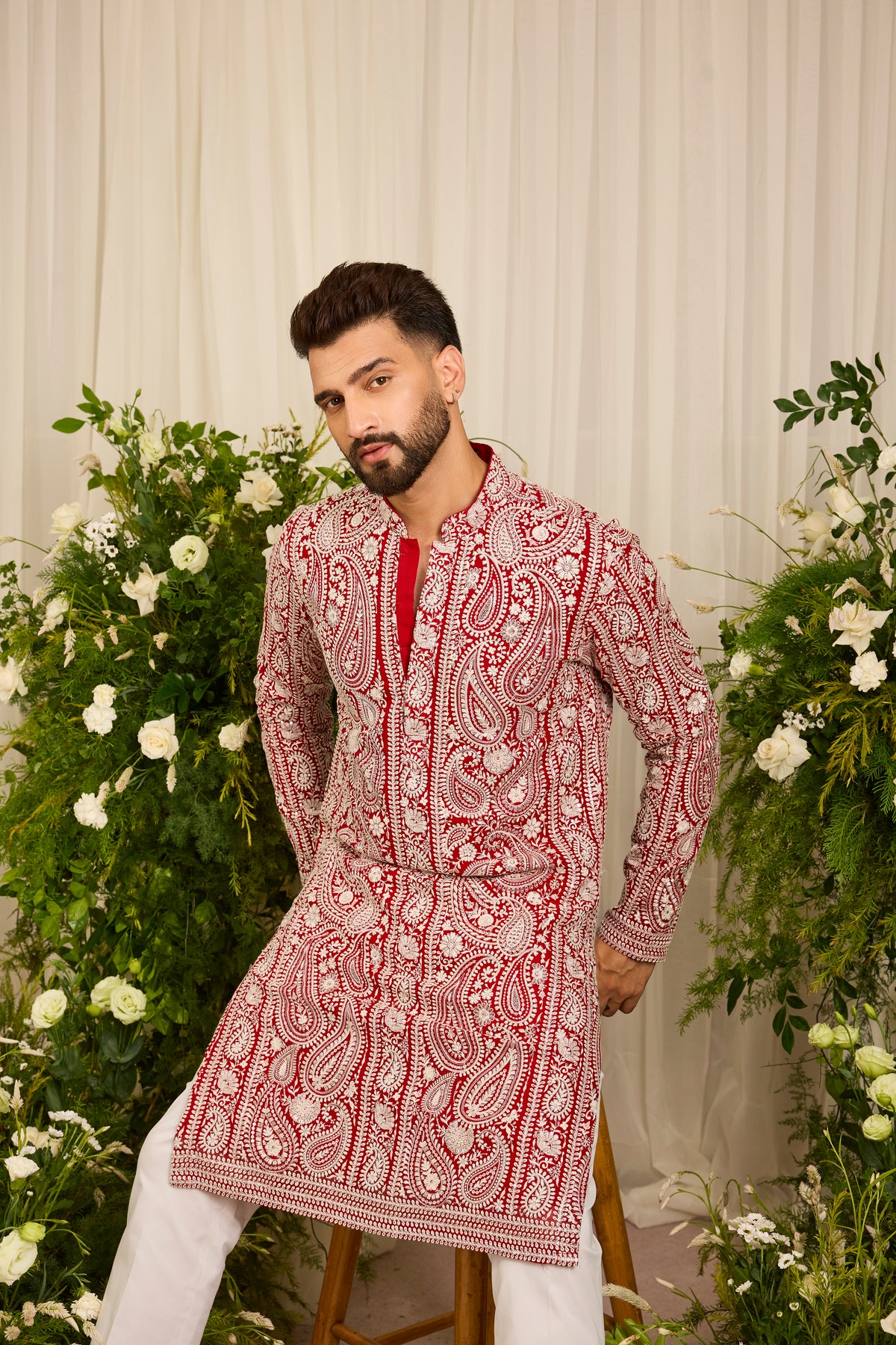 The Linden — Red short Chikankari Kurta Richly Embroidered in Ivory