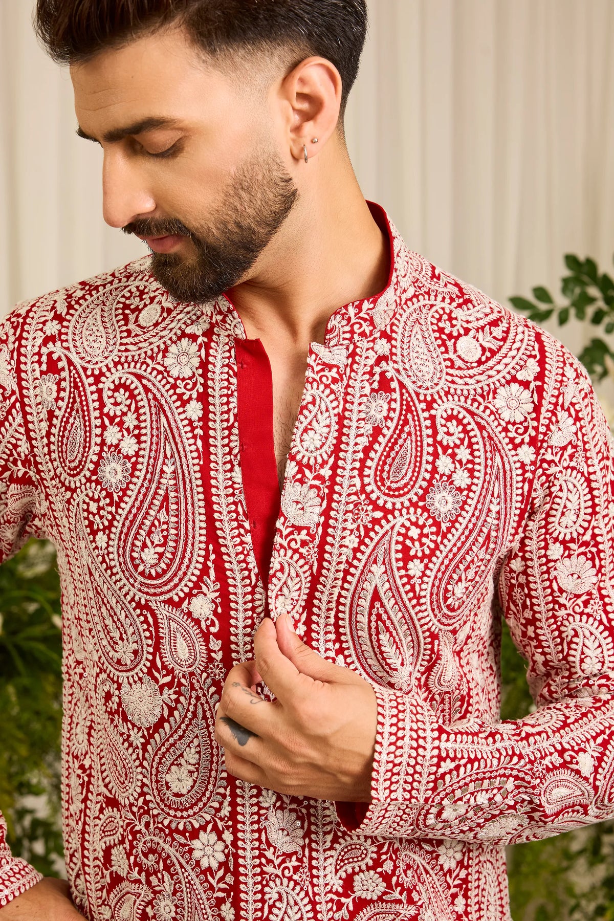 The Linden — Red short Chikankari Kurta Richly Embroidered in Ivory
