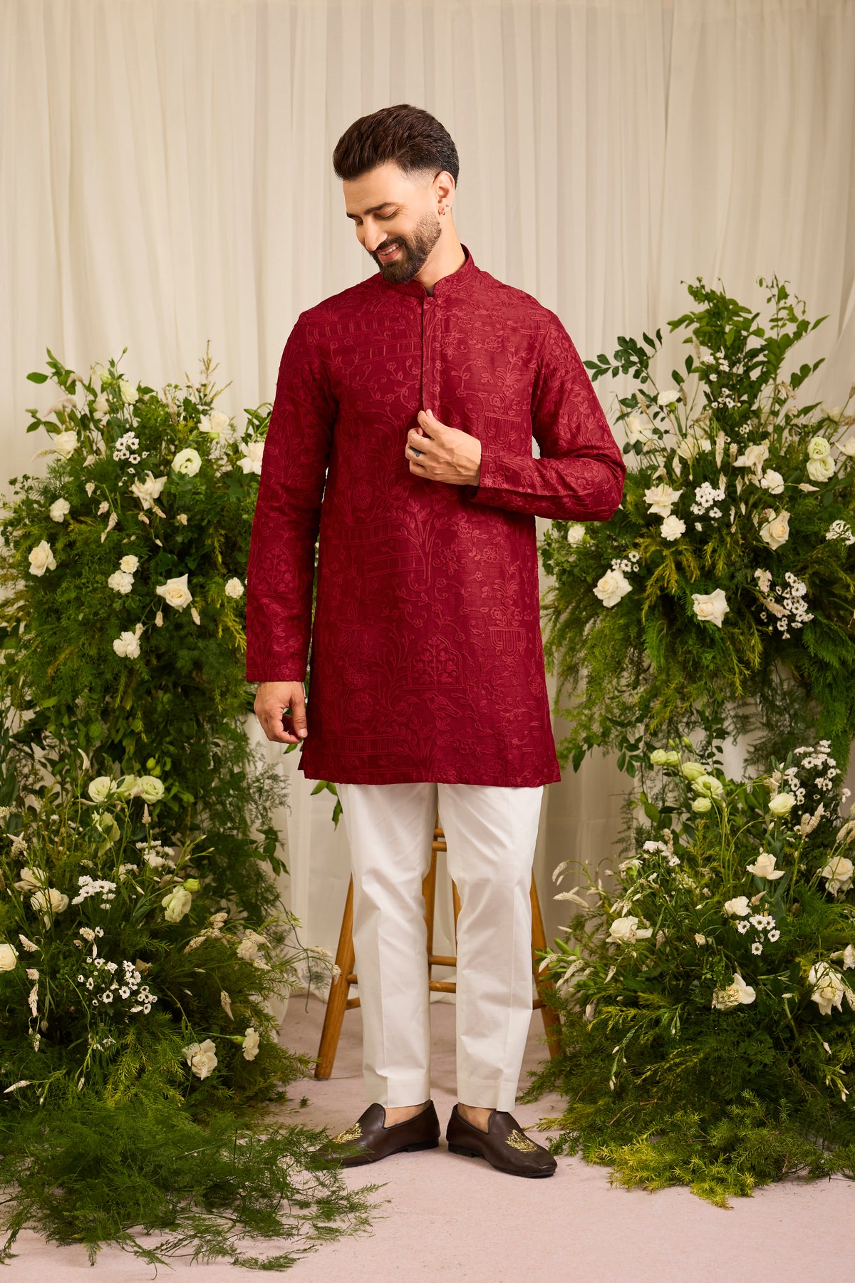 The Bastille — A Maroon short Kurta Draped in Mughal-Inspired Doori Work